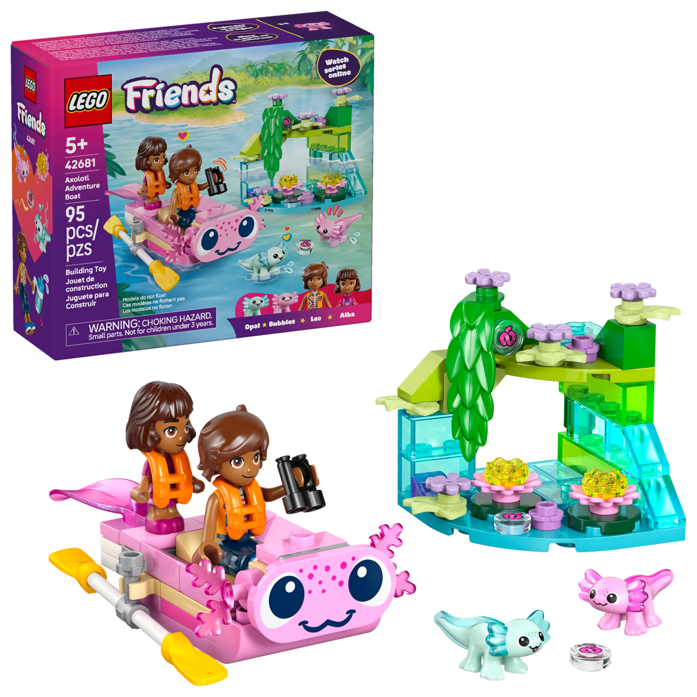 Imagine cu setul LEGO Friends 42681, o aventură cu barca axolotl. Perfect pentru copiii peste 5 ani.