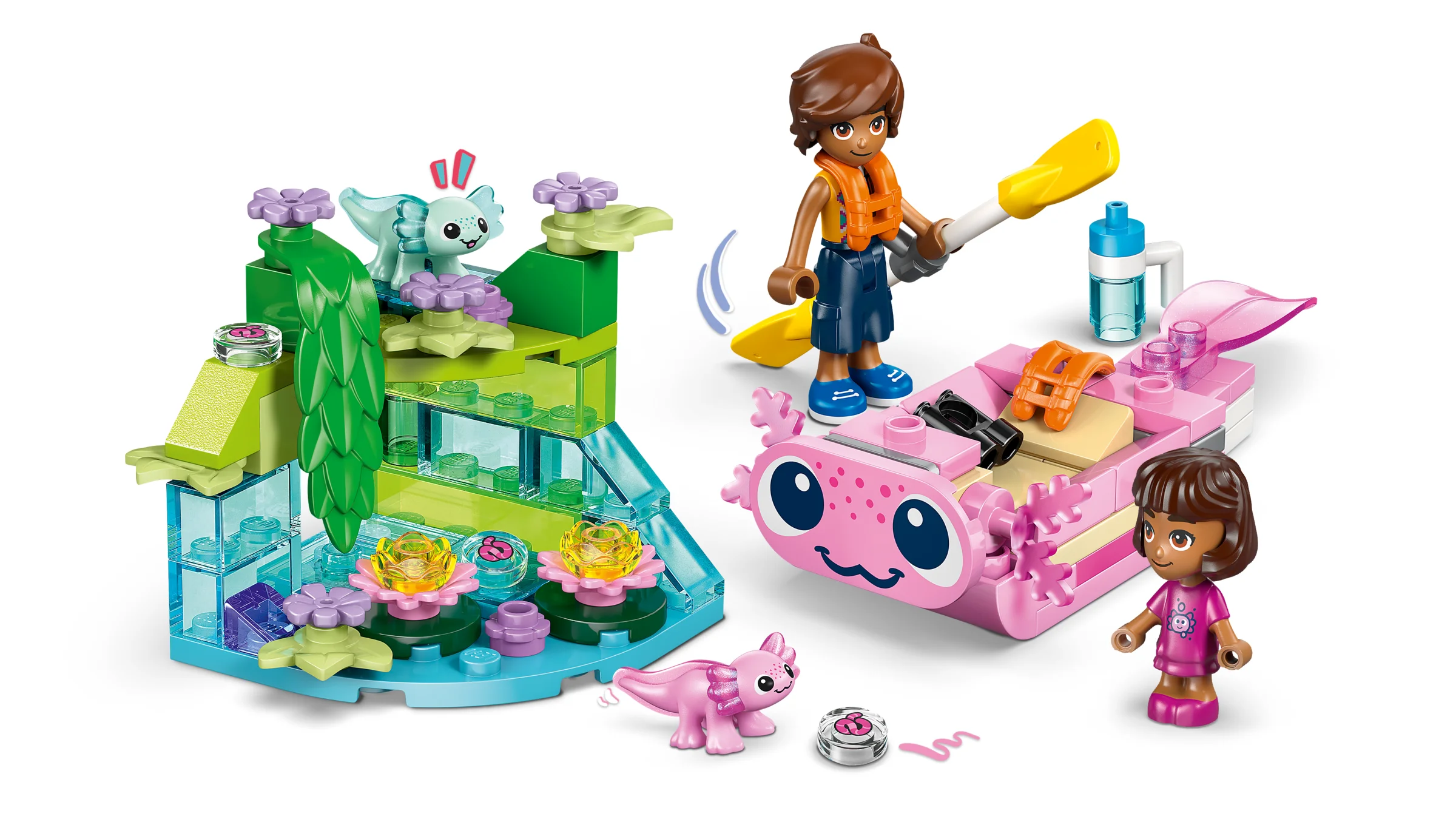 Setul include o barcă axolotl, peșteră, 2 mini-păpuși și figurine axolotl drăguțe.