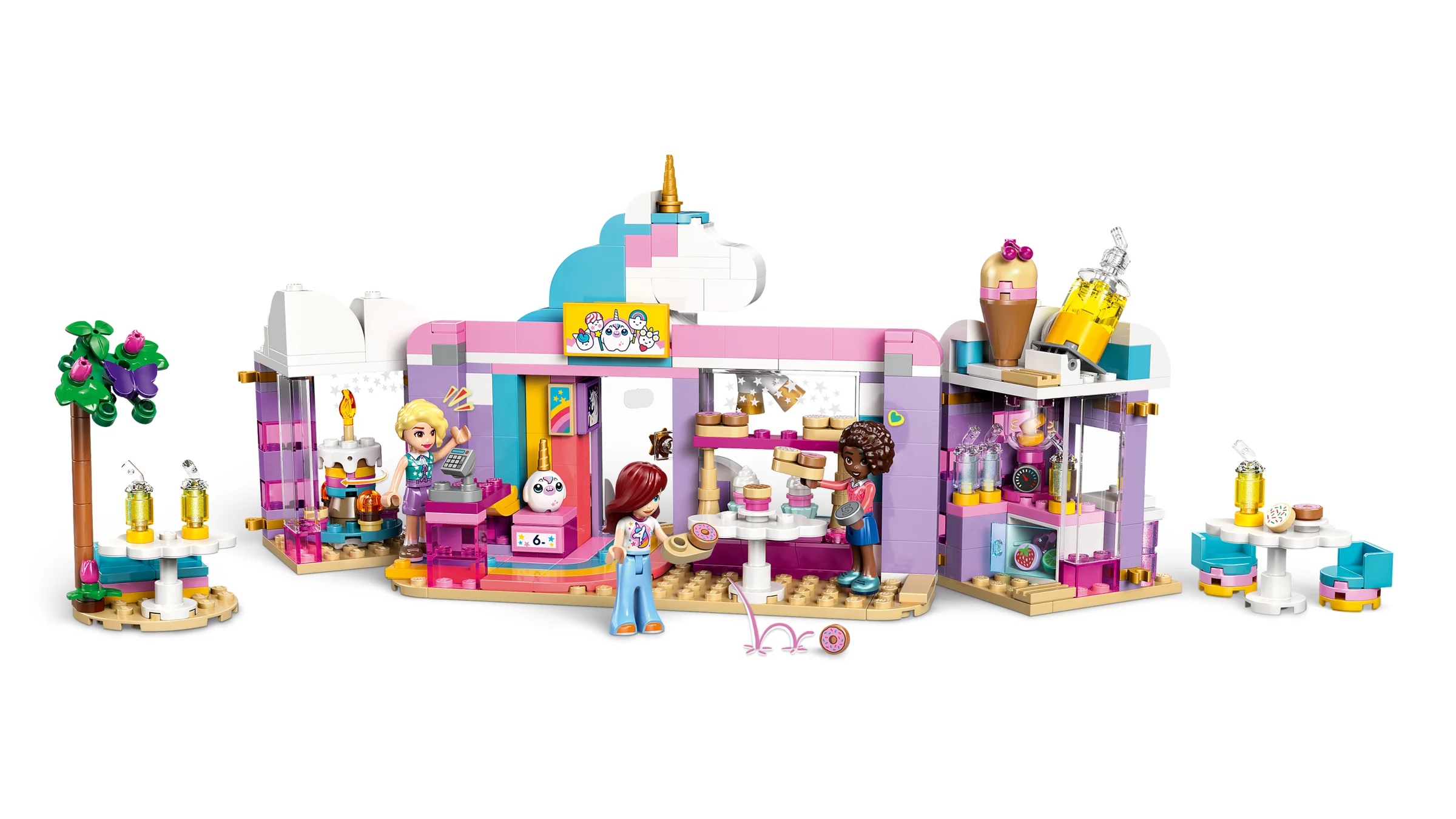 Cafeneaua Unicorn Dream, un model LEGO Friends viu colorat, cu minifigurine și detalii adorabile.