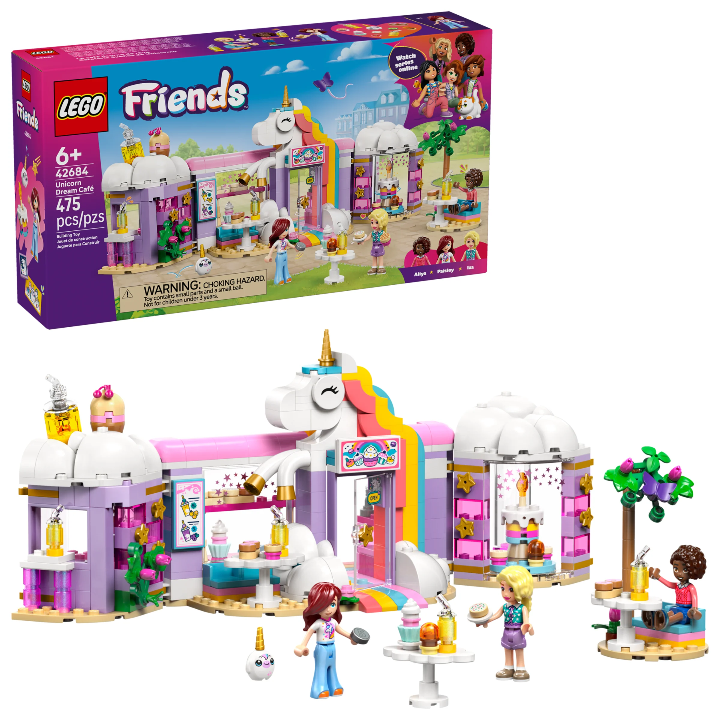 Imagine cu setul LEGO Friends 42684 Cafeneaua Visurilor Unicorn, cu minifigurine și detalii. Set viu colorat, ideal pentru fani.