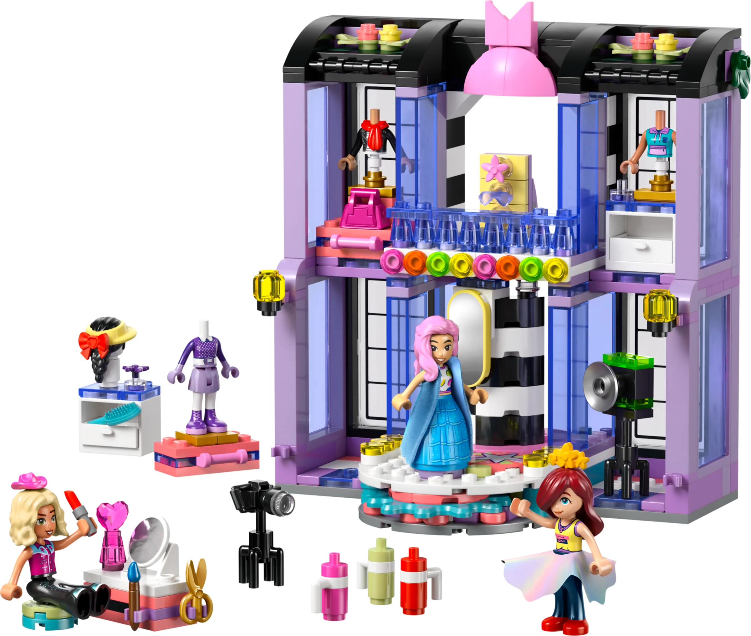 Prezentare detaliată a setului LEGO Friends 42685, cu manechine și accesorii vestimentare.