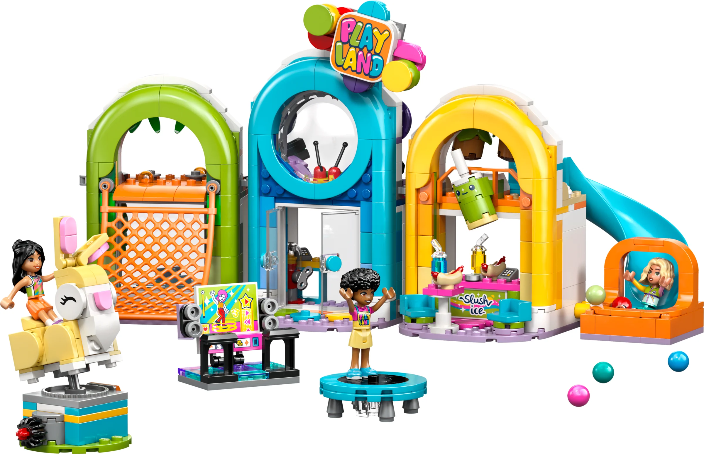Setul LEGO Friends 42686 prezintă un loc de joacă interior colorat, cu detalii variate.