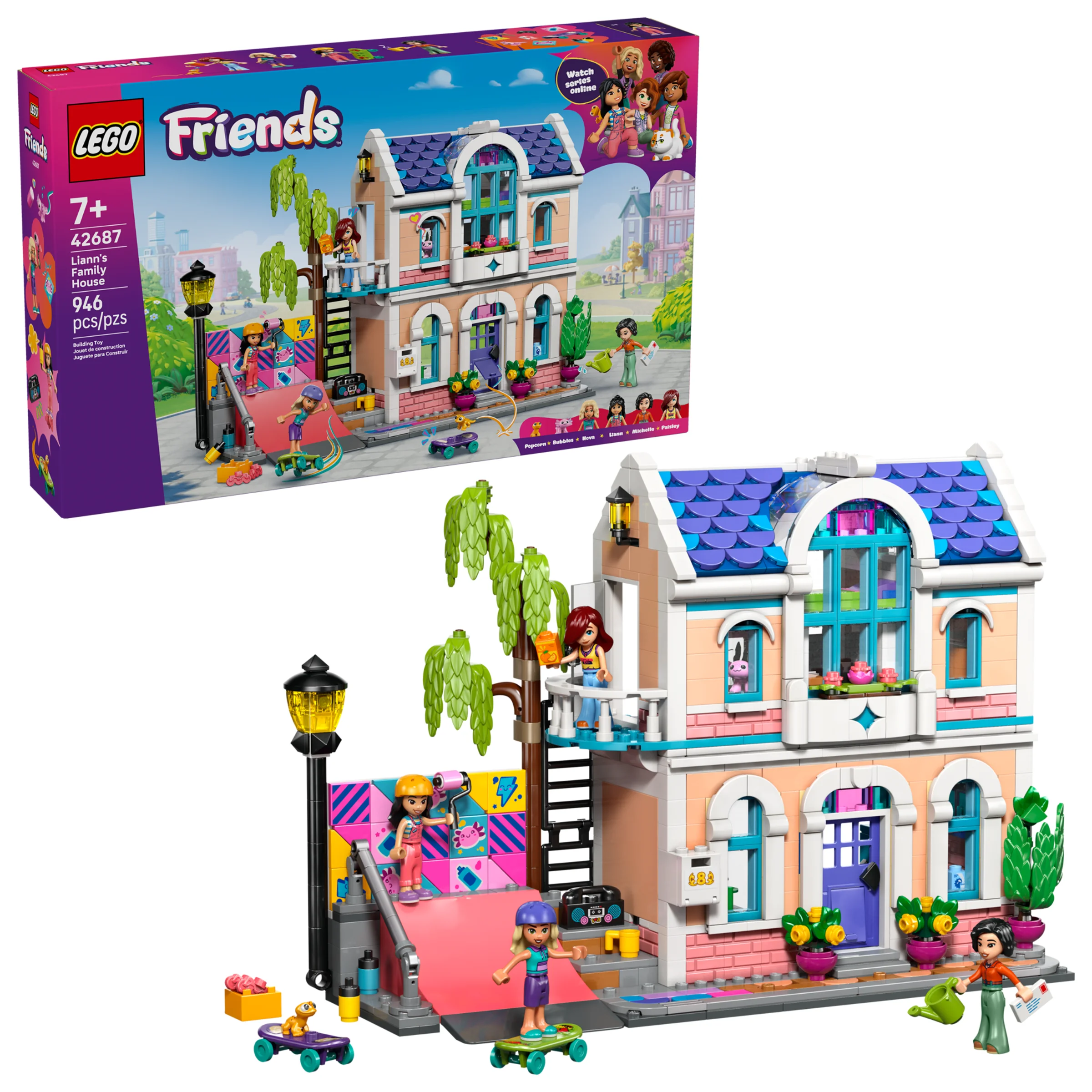 Imagine cu setul LEGO Friends 42687, Casa familiei lui Liann. Include casa, minifigurine și cutia.