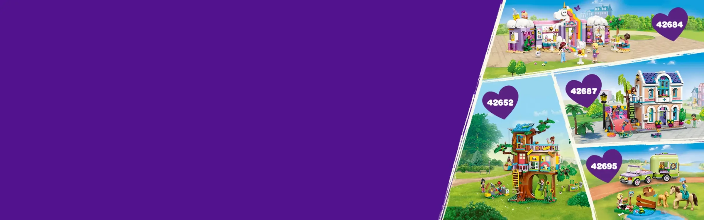 Imagine cu alte seturi LEGO Friends: 42684, 42687, 42652, 42695. Culori vii, detalii atractive.