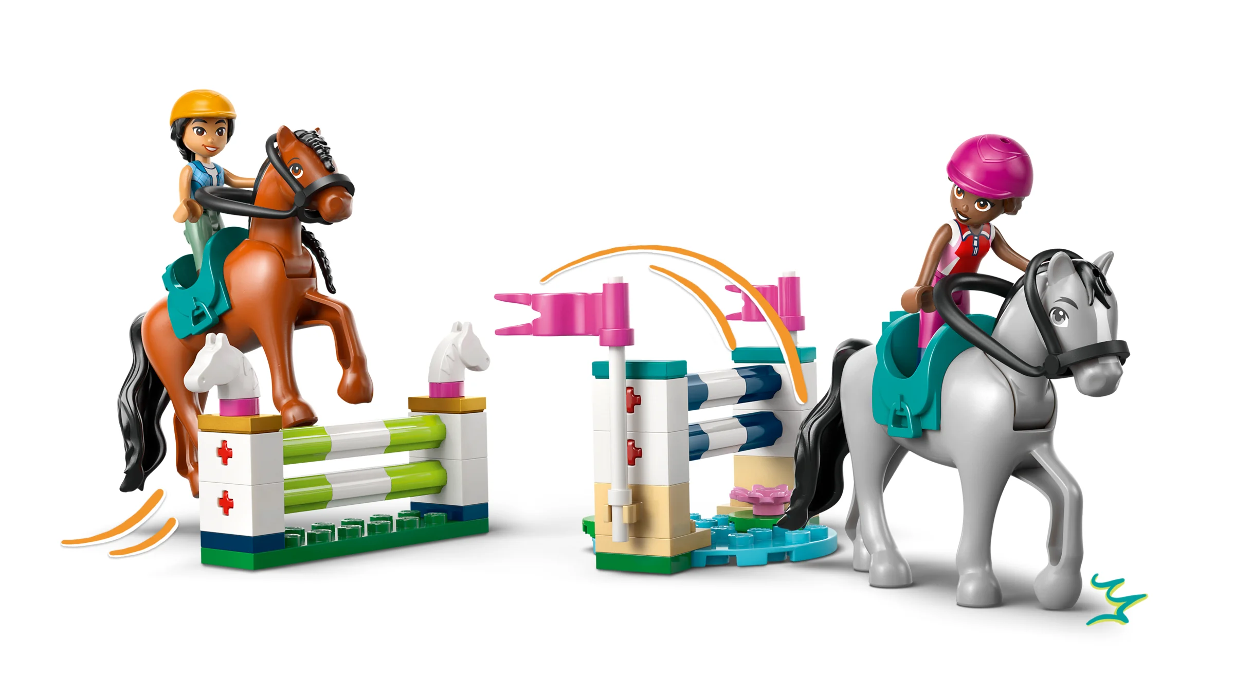 Două fete călare pe cai sar obstacole colorate. Distracție și aventură cu LEGO Friends!