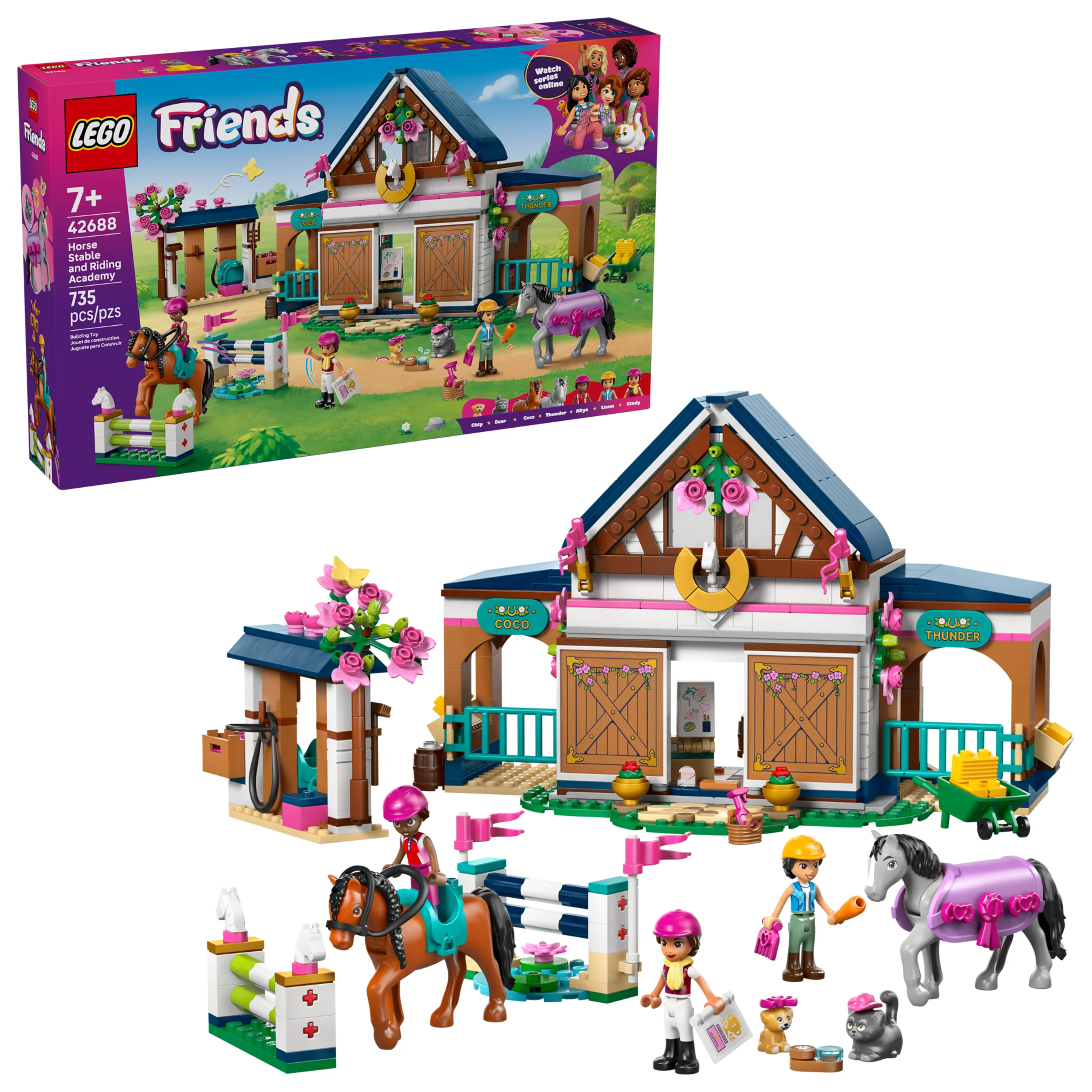 Imagine cu setul LEGO Friends 42688, grajdul și academia de echitație, incluzând cutia și modelul construit.