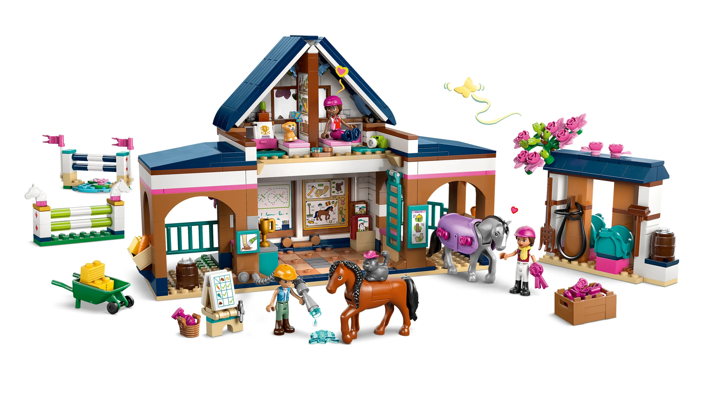 Imagine cu setul LEGO Friends 42688, „Școala de echitație și grajdul cailor”.