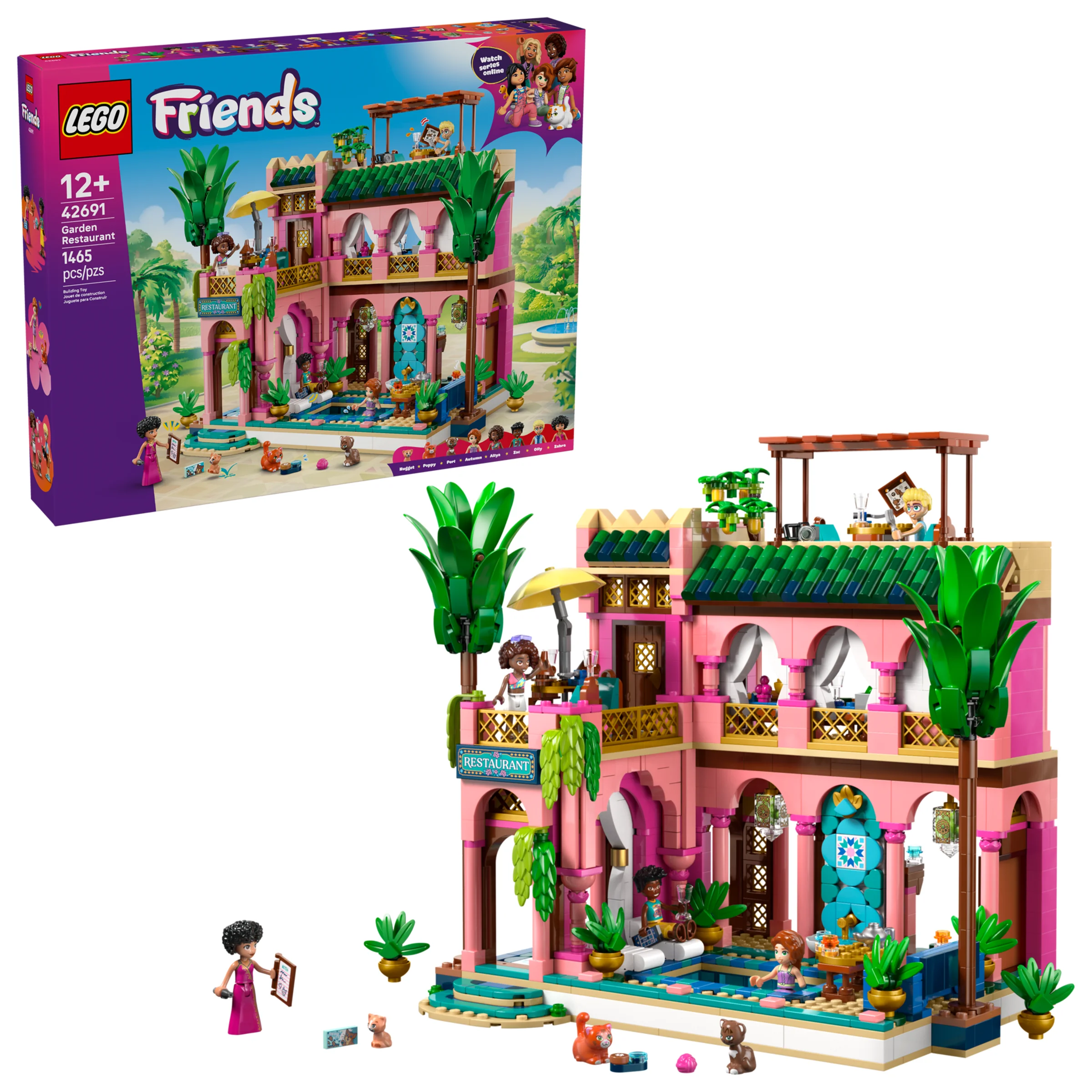 Imagine cu setul LEGO Friends 42691, Restaurantul din Grădină, cu ambalajul și modelul asamblat.