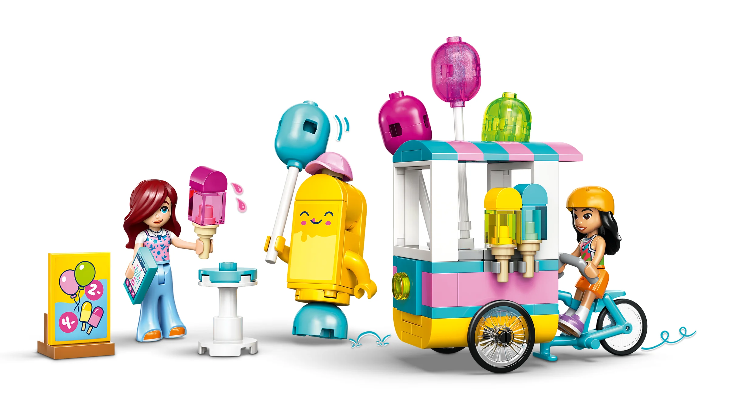 Imagine cu setul LEGO Friends 42692, cu standul de înghețată și baloane și minifigurinele.