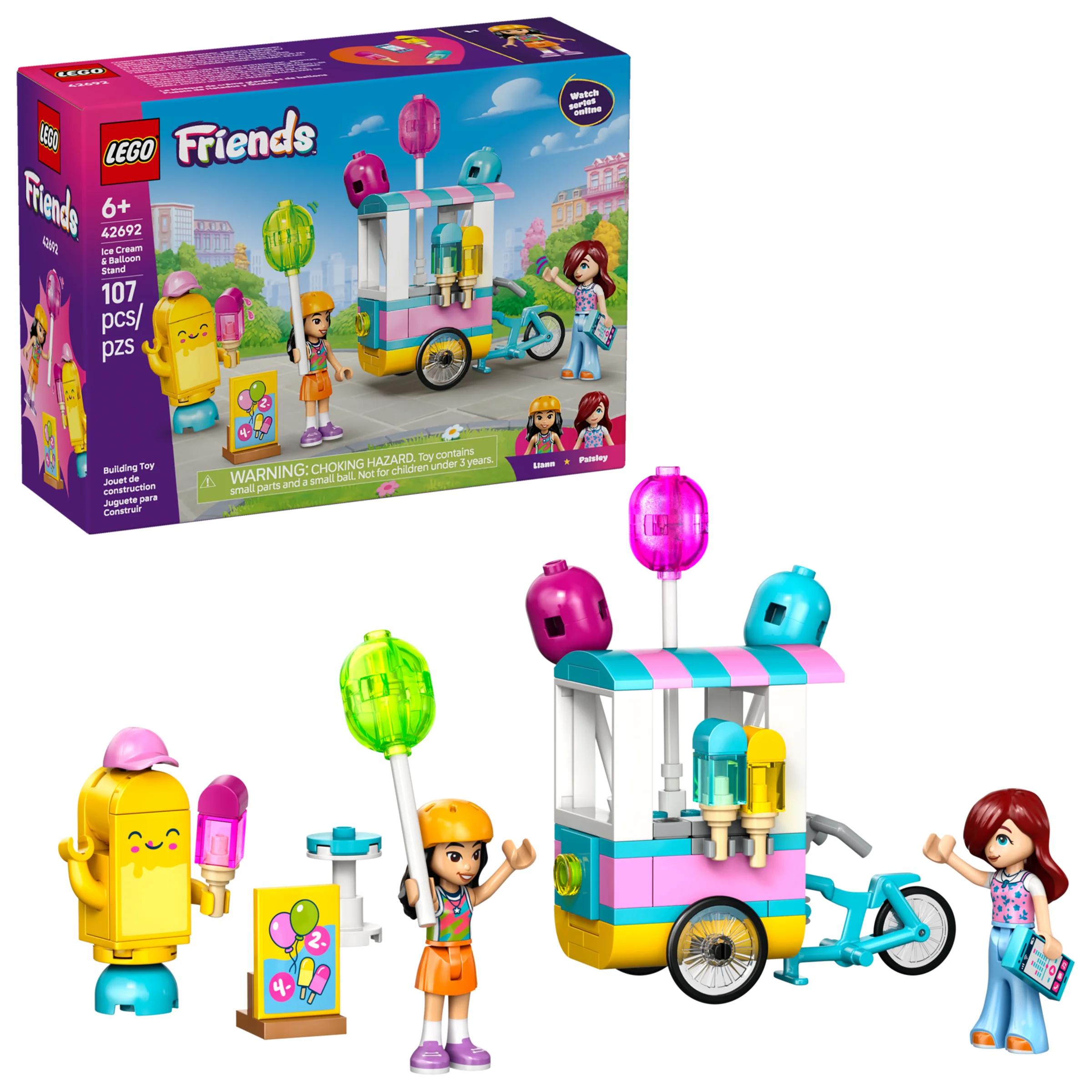 Imagine cu setul LEGO Friends 42692, cu taraba de înghețată și baloane, plus minifigurinele Liann și Paisley.