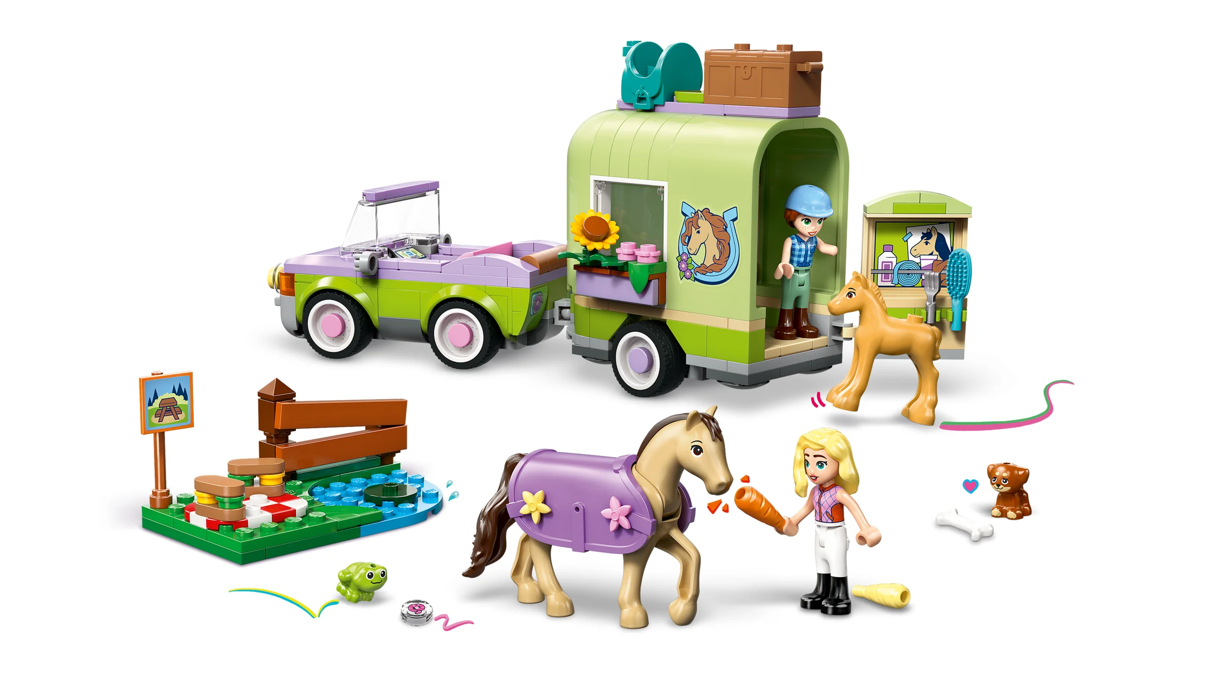 Imagine cu setul LEGO Friends 42695, care include o mașină, remorcă pentru cai, minifigurine și accesorii.