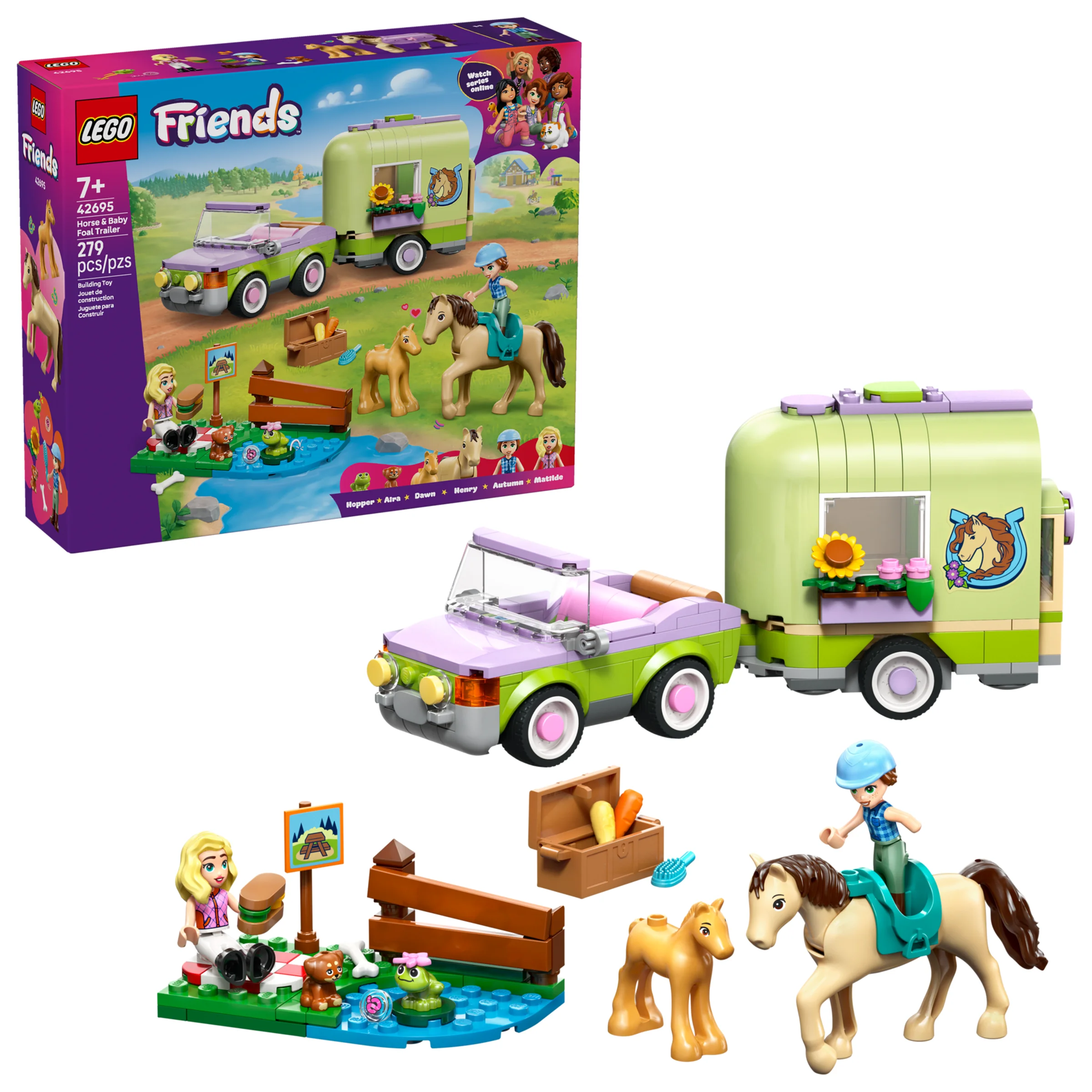 Imagine cu setul LEGO Friends 42695, prezentând remorca, mașina, minifigurinele și accesoriile.