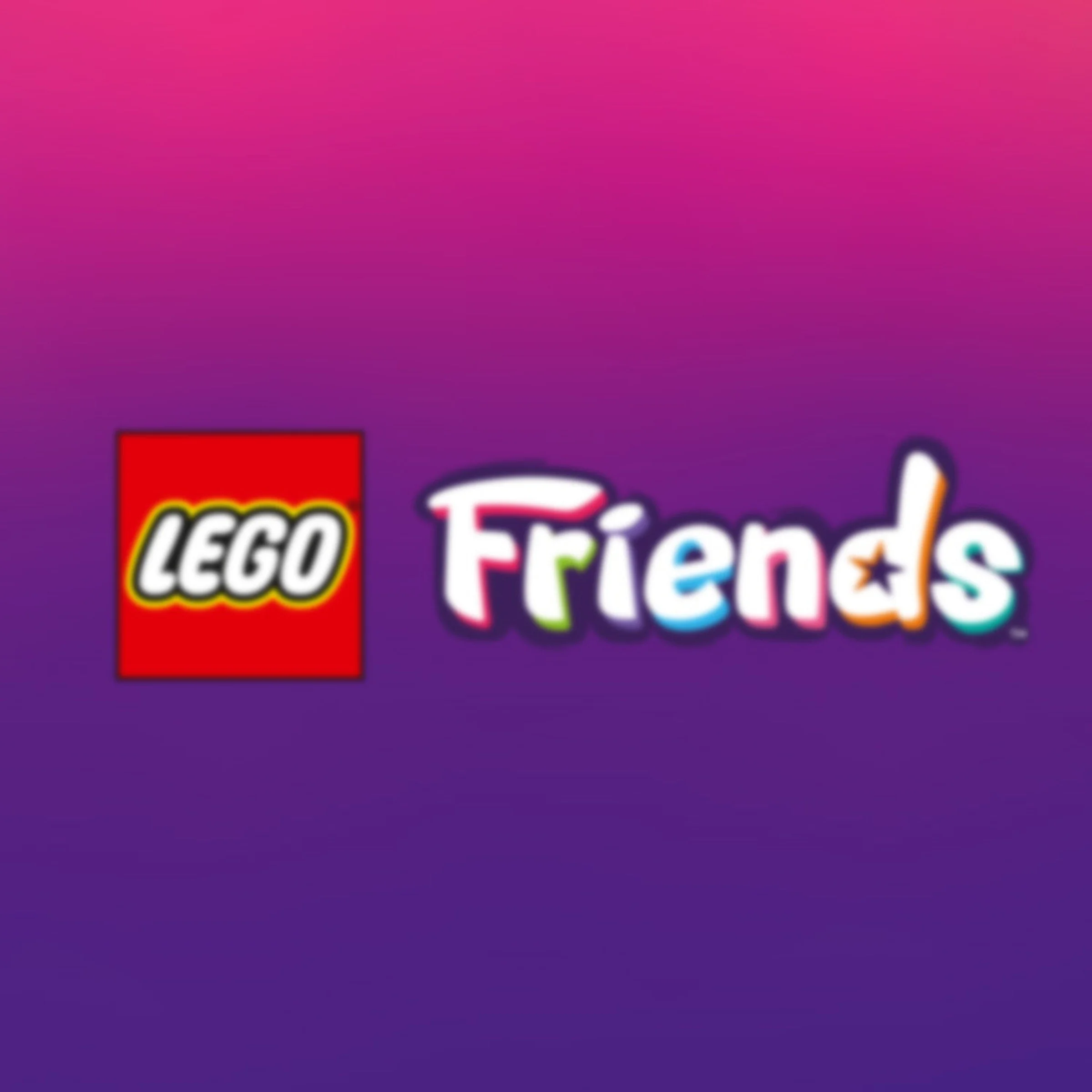 Sigla LEGO Friends, cu logo-ul LEGO și textul „Friends”, pe un fundal mov-roz. 