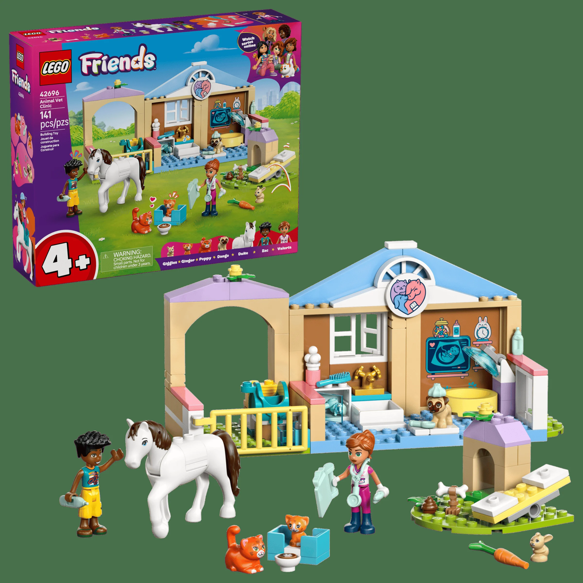 Imagine cu clinica veterinară LEGO Friends 42696, incluzând cutia și modelul construit.