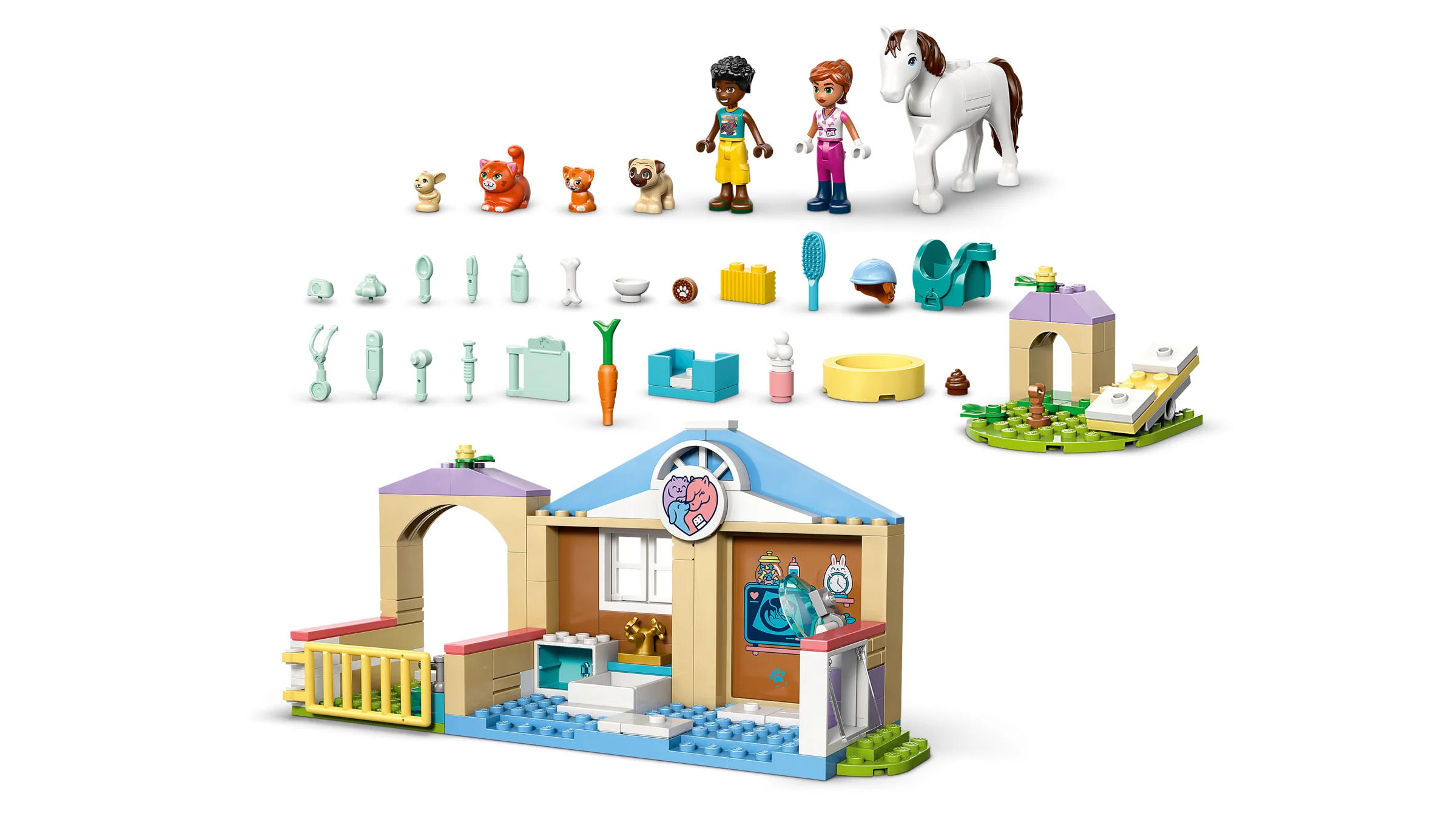 Prezentare a clinicii veterinare pentru animale LEGO Friends (42696) și a personajelor incluse.