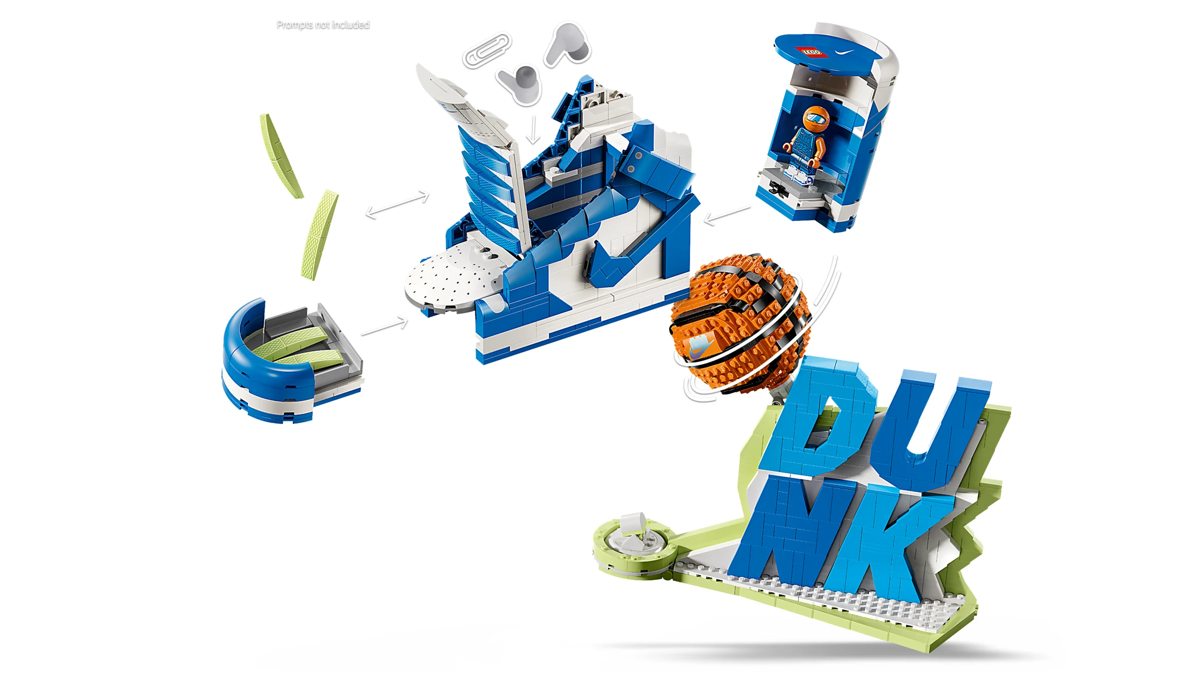 Explozie a modelului LEGO Nike Dunk, evidențiind componentele sale distincte.