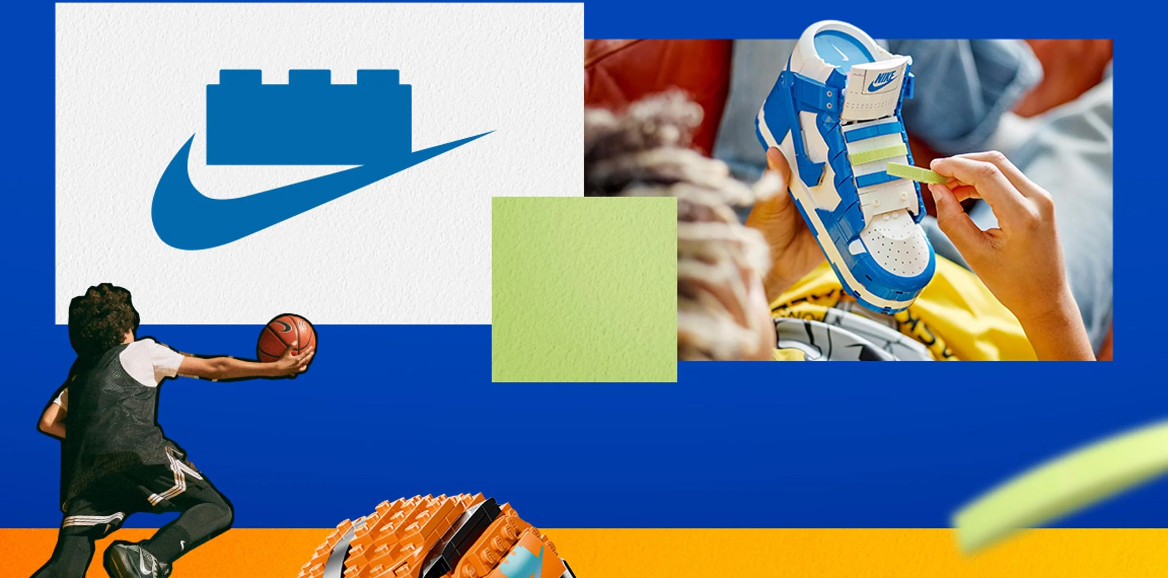 Reclamă LEGO Nike Dunk cu logo, baschetbalist și modelul asamblat. Design colorat și modern.