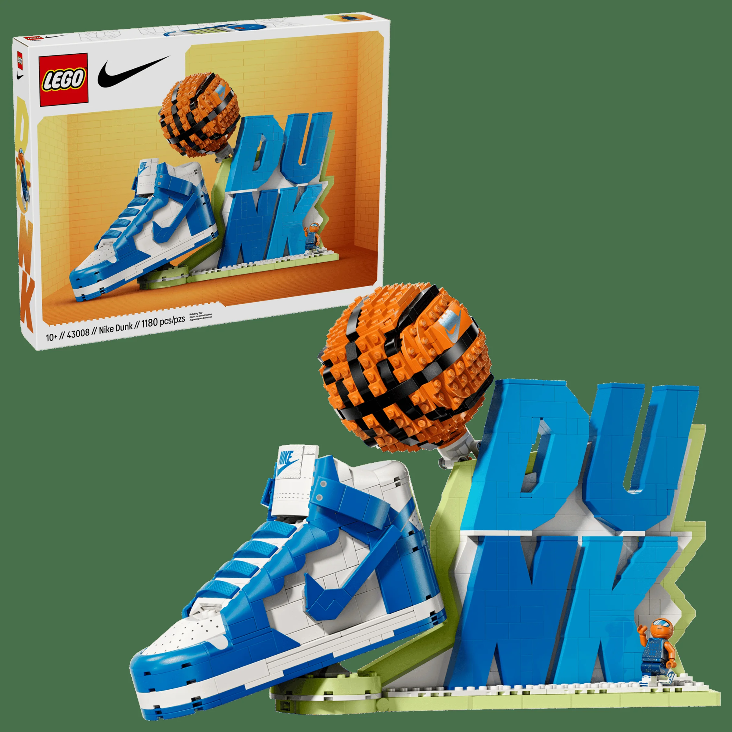 Imagine cu setul LEGO 43008 Nike Dunk, prezentând cutia și modelul construit. Detaliu cu mini-figurina.