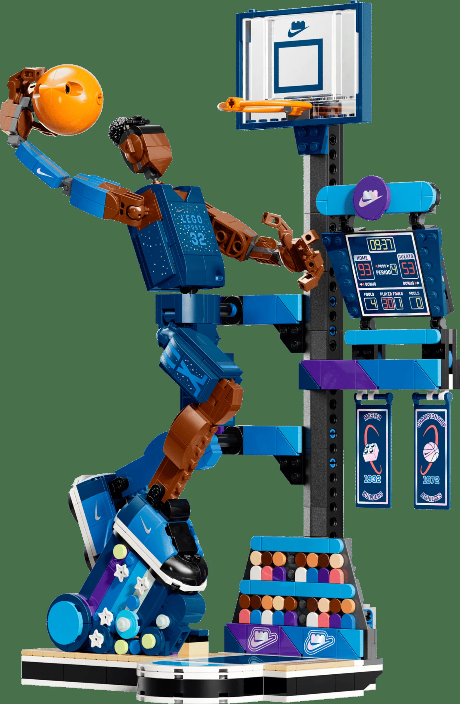 Imagine detaliată a modelului LEGO Nike Slam Dunk, cu baschetbalist și panou. Detalii vizibile.