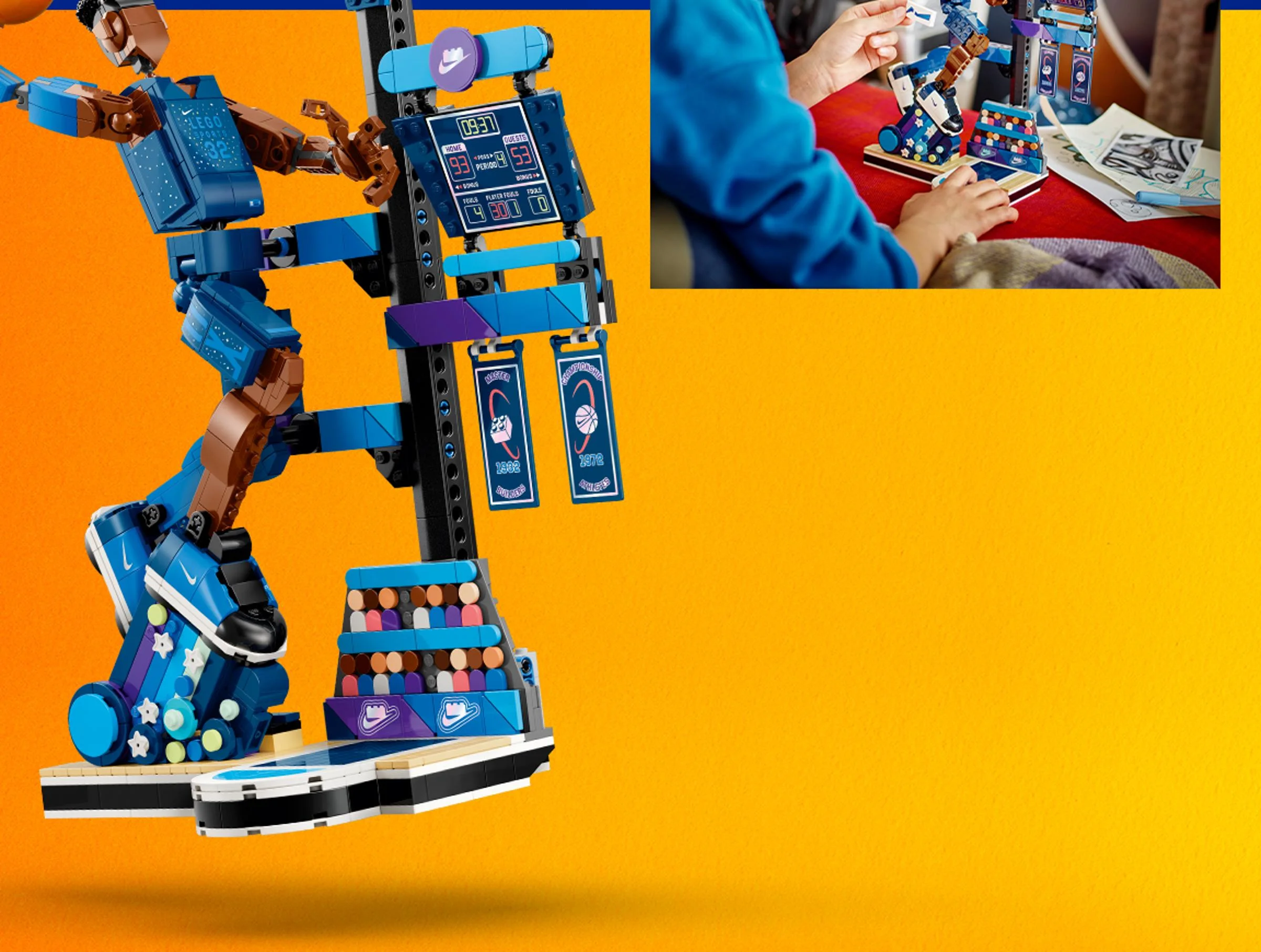Imagine cu modelul LEGO Nike Slam Dunk, cu detalii despre structură și minifigurine.