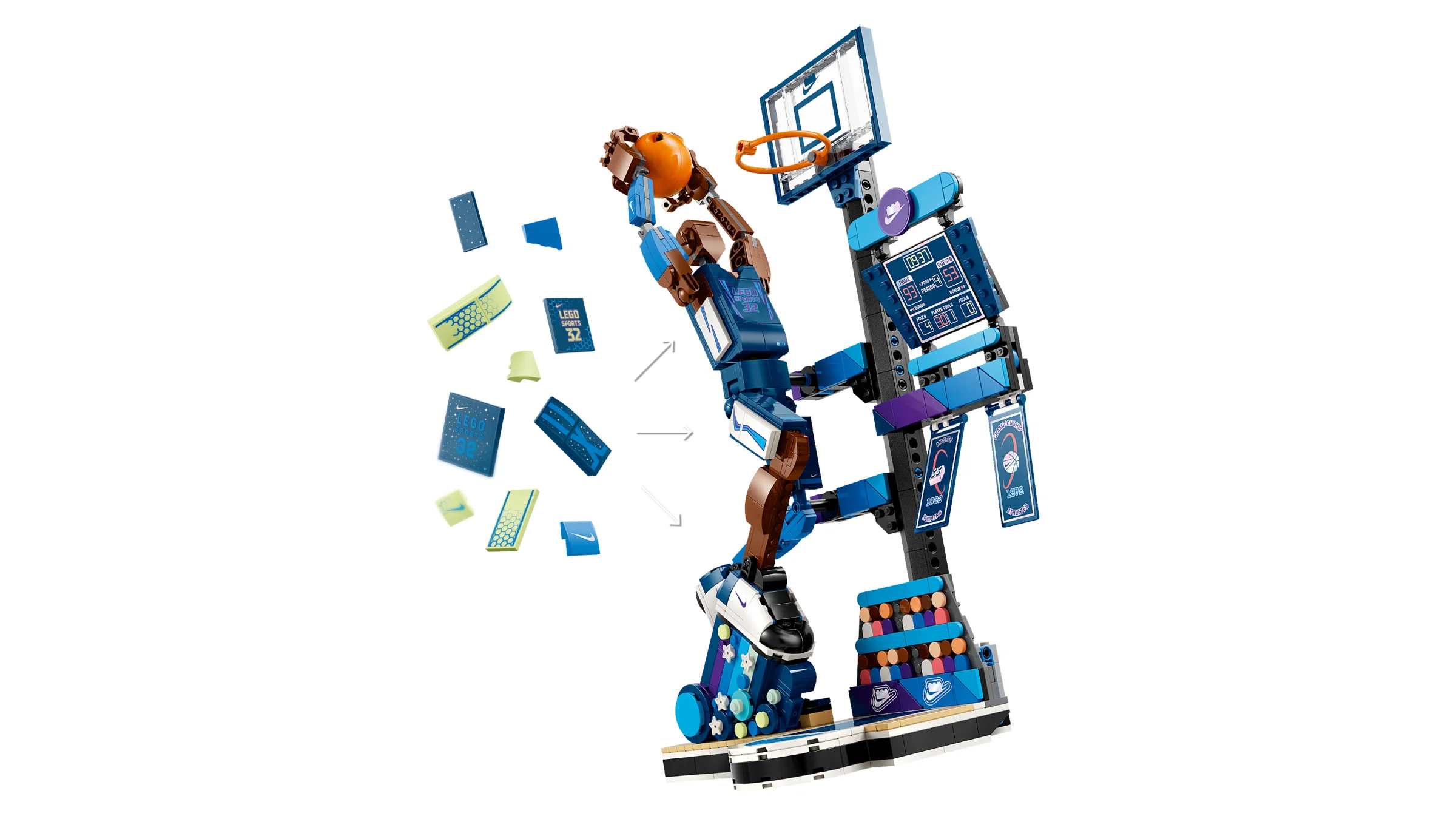 Imagine cu modelul LEGO Nike Slam Dunk, un jucător realizând o aruncare la coș.