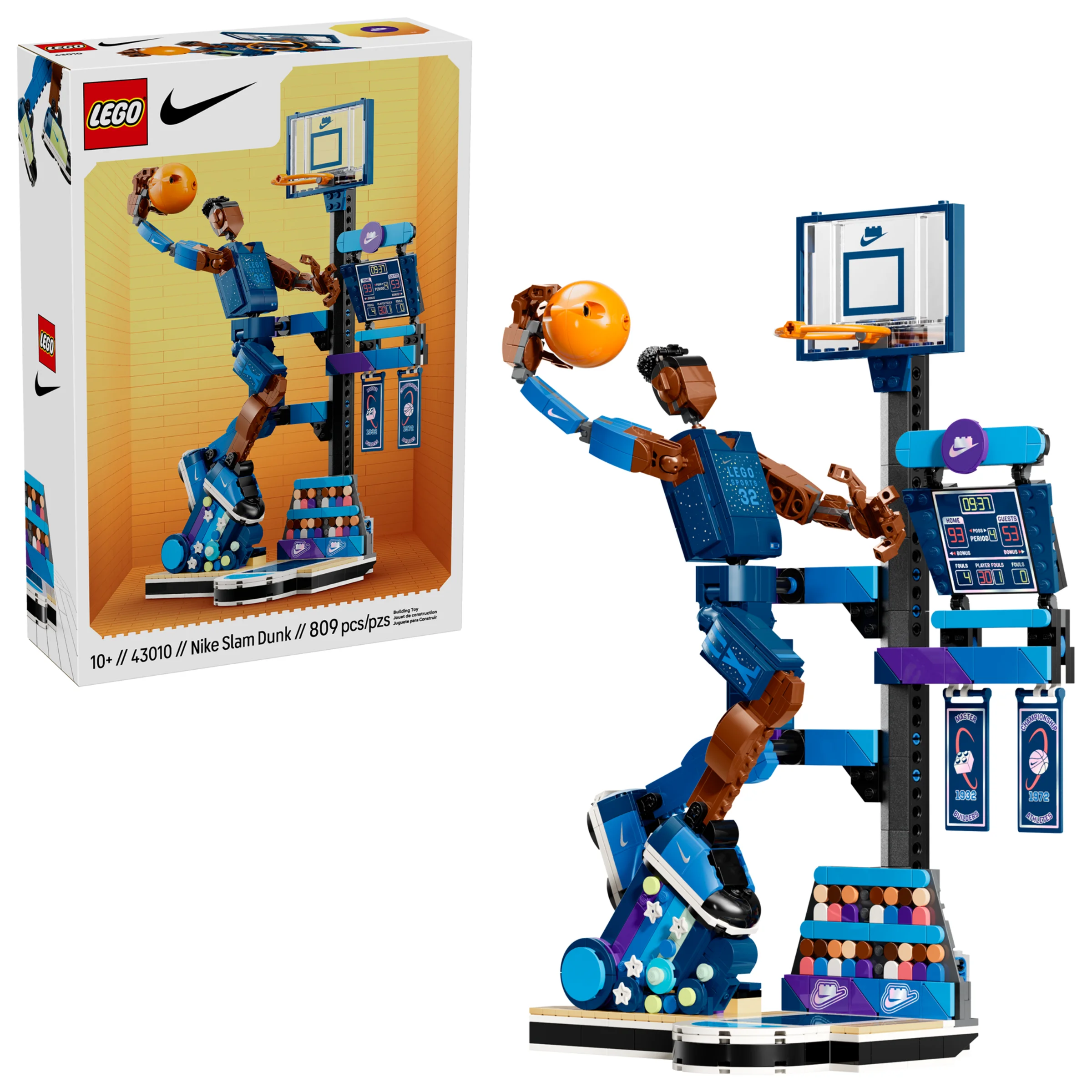 Imagine cu setul LEGO Nike Slam Dunk, modelul asamblat și cutia, evidențiind detaliile construcției.