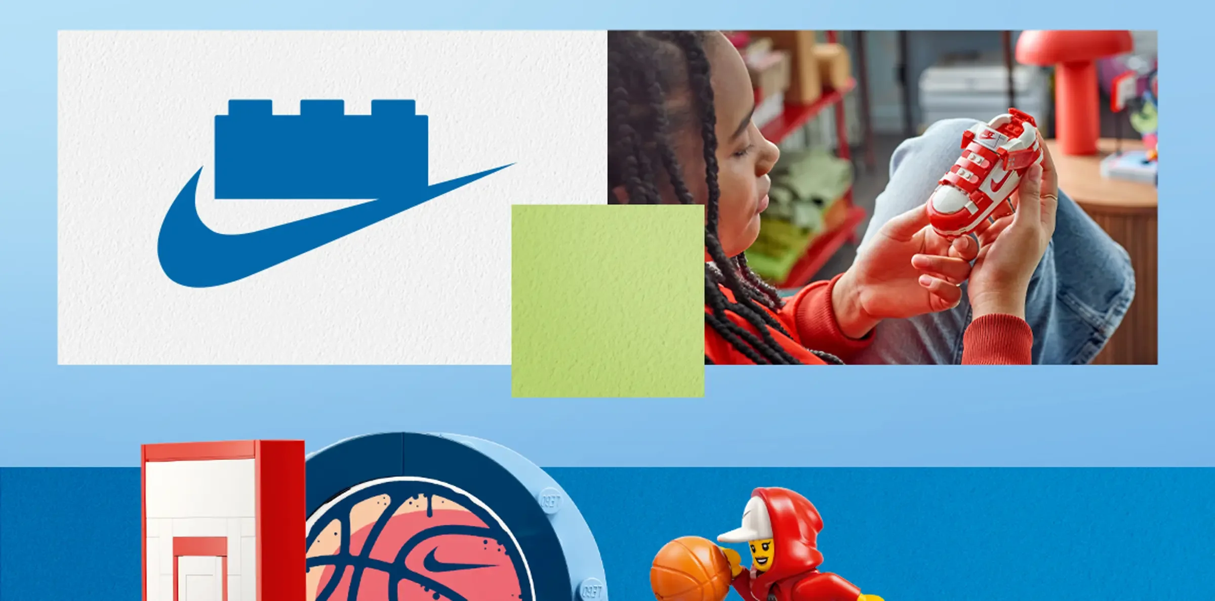 Prezentare complexă a setului Nike Dunk Trickshot, cu detalii și minifigurine.