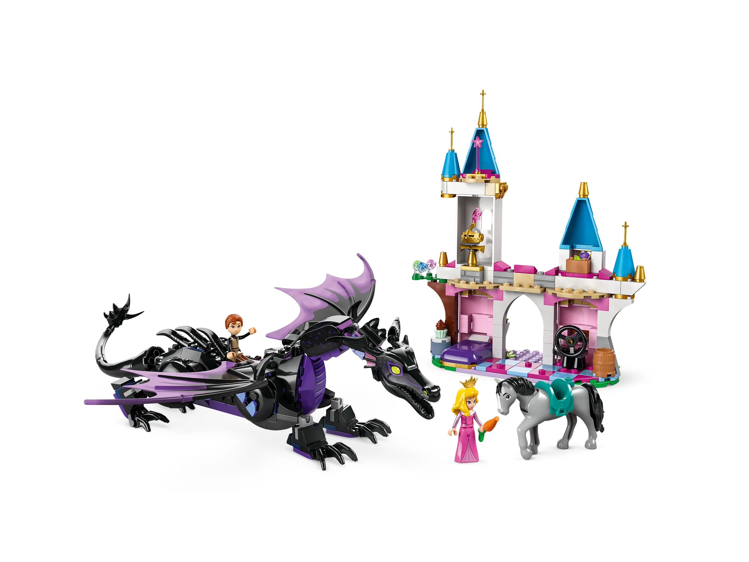 Imagine cu dragonul Maleficent și castelul Aurorei, set LEGO 43240. Detalii complete.