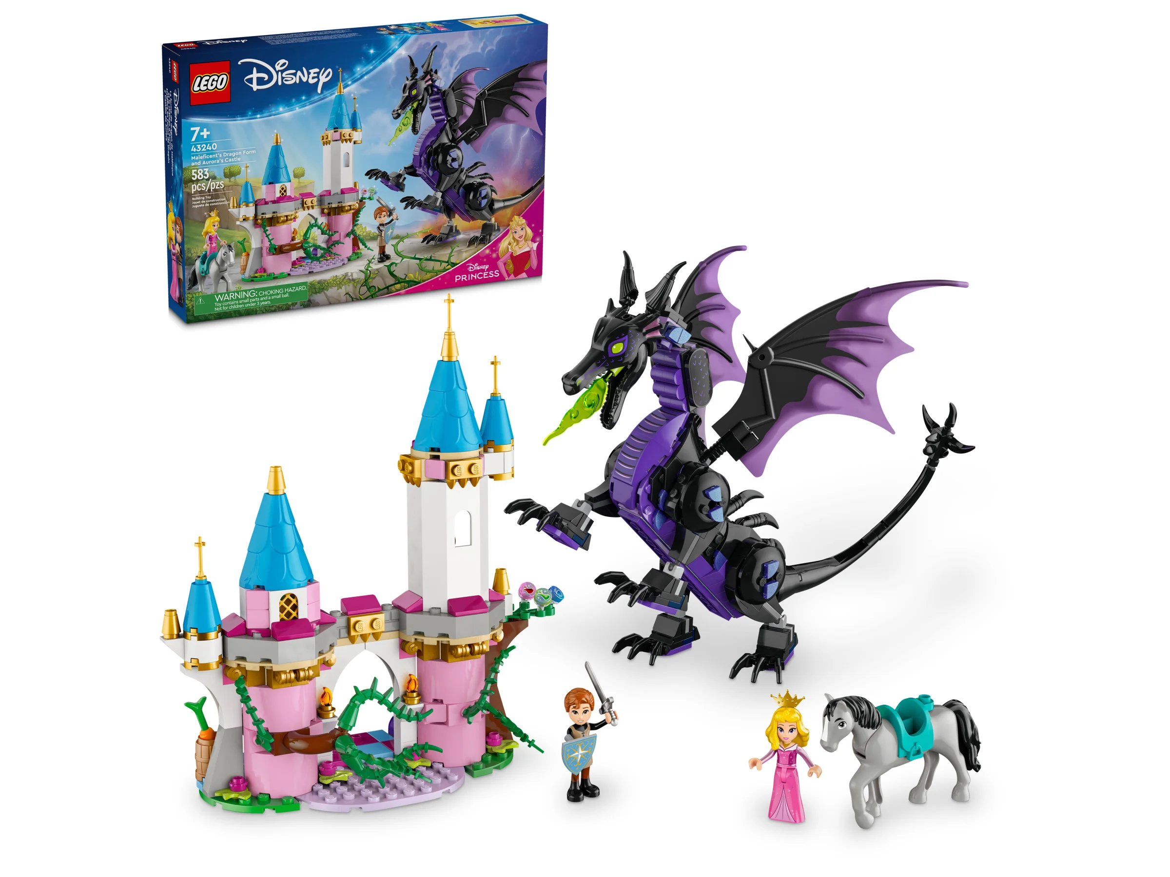 Imagine cu setul LEGO Disney 43240: Dragonul Maleficent și castelul Aurorei. Un cadou minunat!