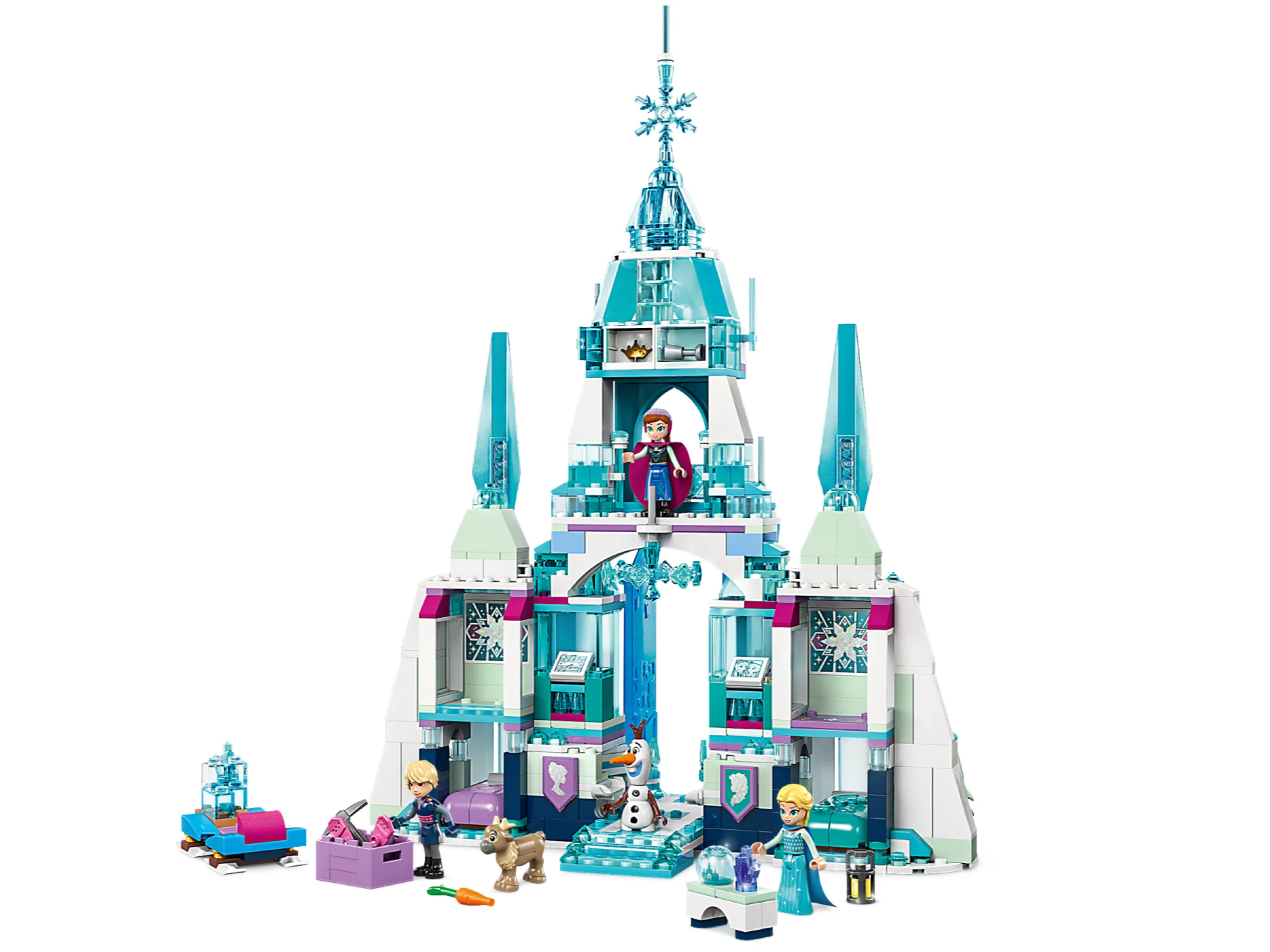 Palatul de gheață al Elsei LEGO Disney. Vedere frontală cu minifigurine și detalii.