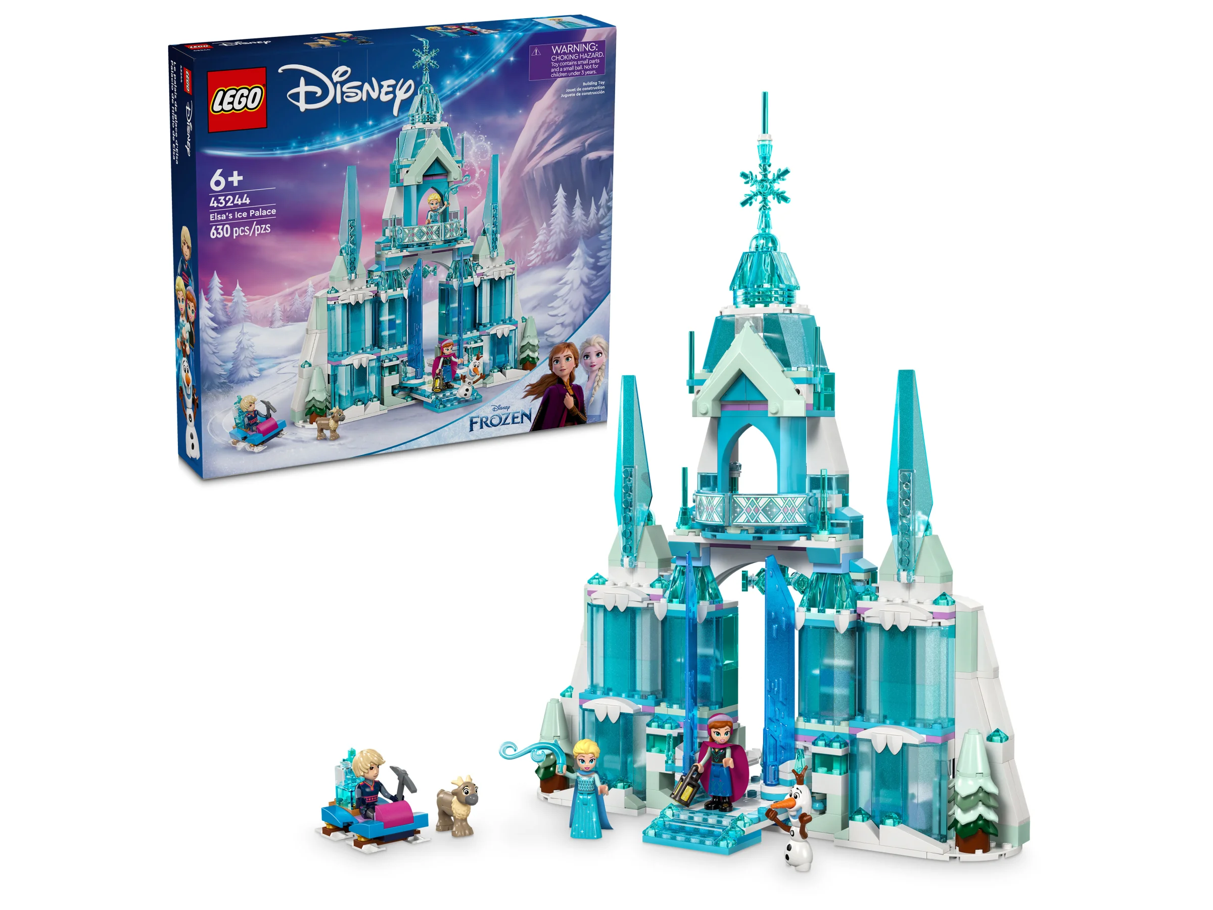Imagine cu palatul de gheață al Elsei din LEGO, setul 43244. Include minifigurine și cutia produsului.