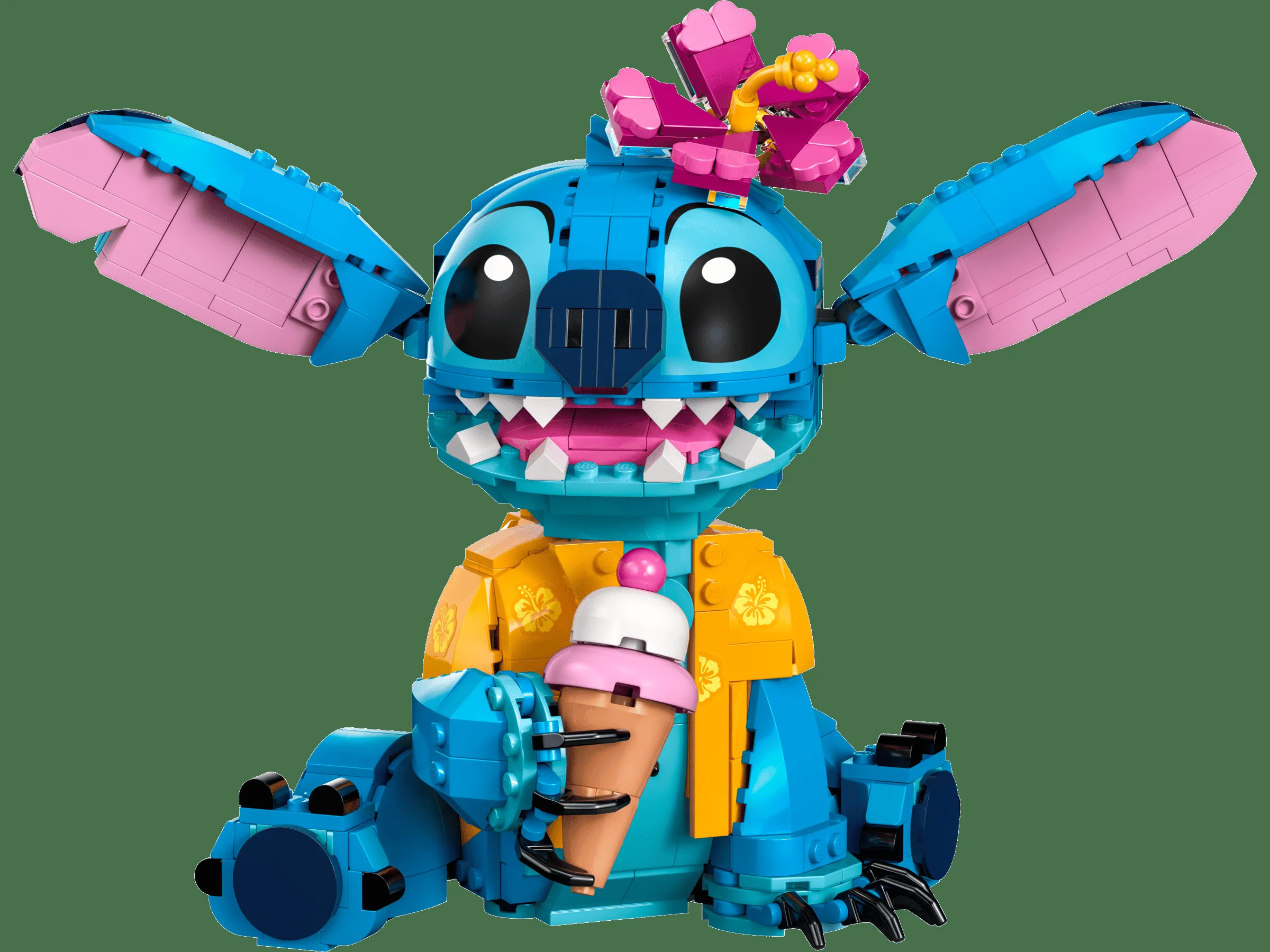Modelul LEGO Stitch 43249, detaliat și colorat, cu înghețată și floare.