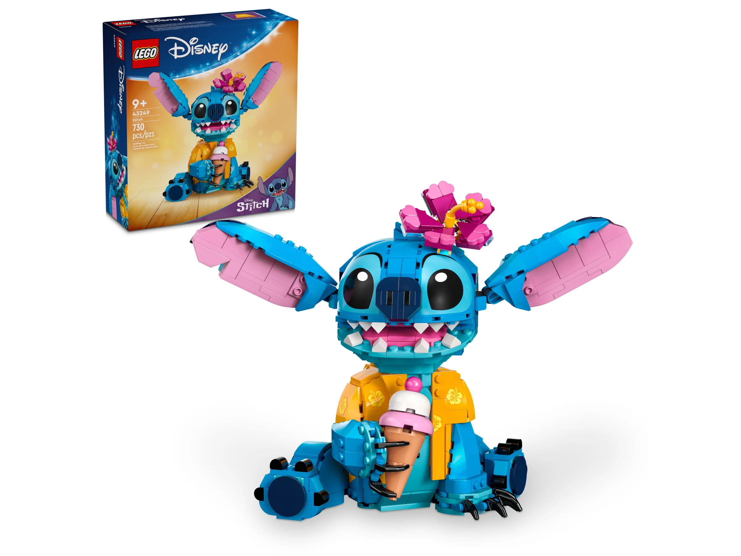 Imagine cu setul LEGO 43249 Stitch și cutia produsului, ideală pentru fanii Disney.