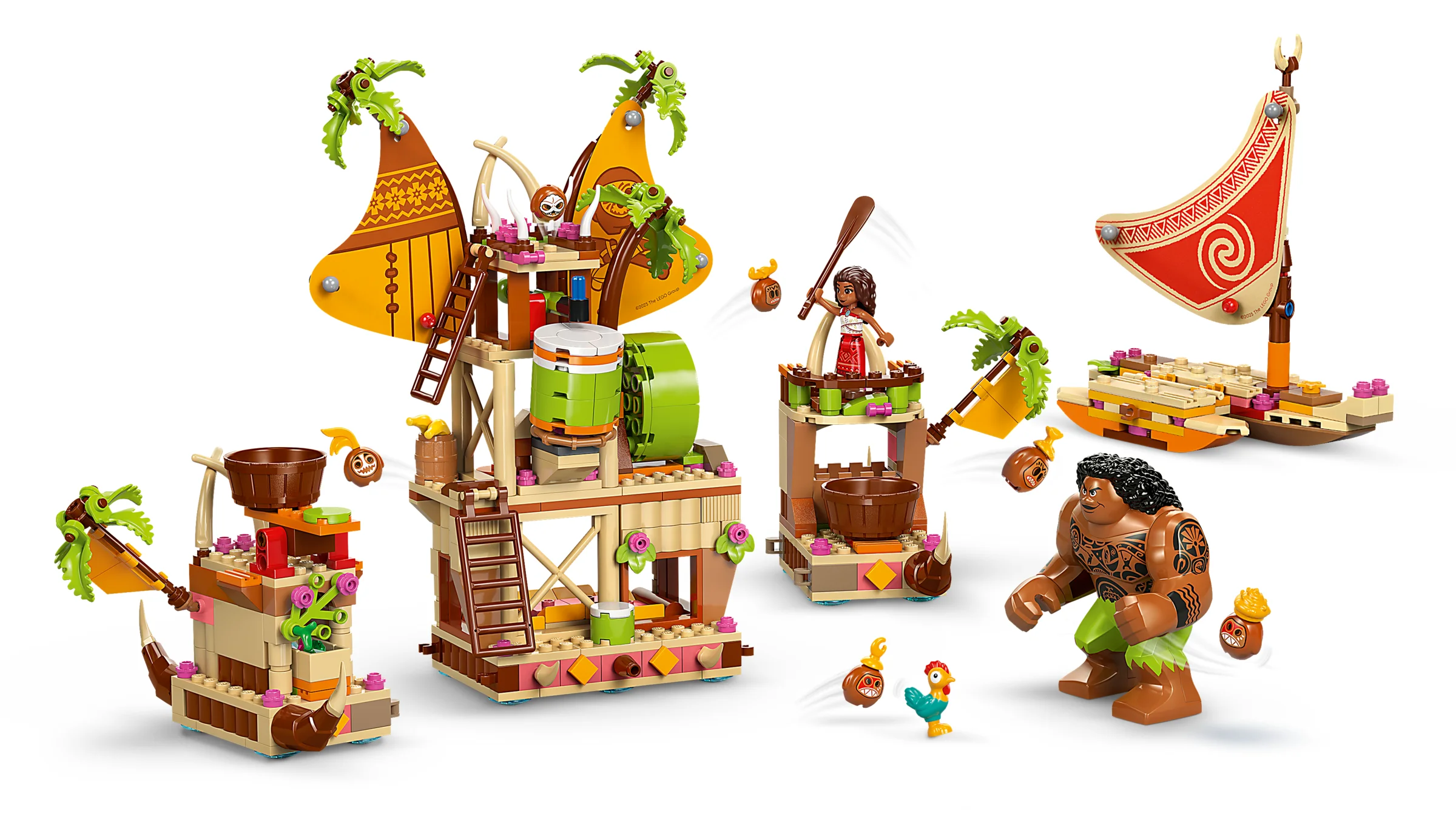 Imagine cu setul LEGO 43258, prezentând barca Kakamora și minifigurinele Maui, Moana și Hei Hei.