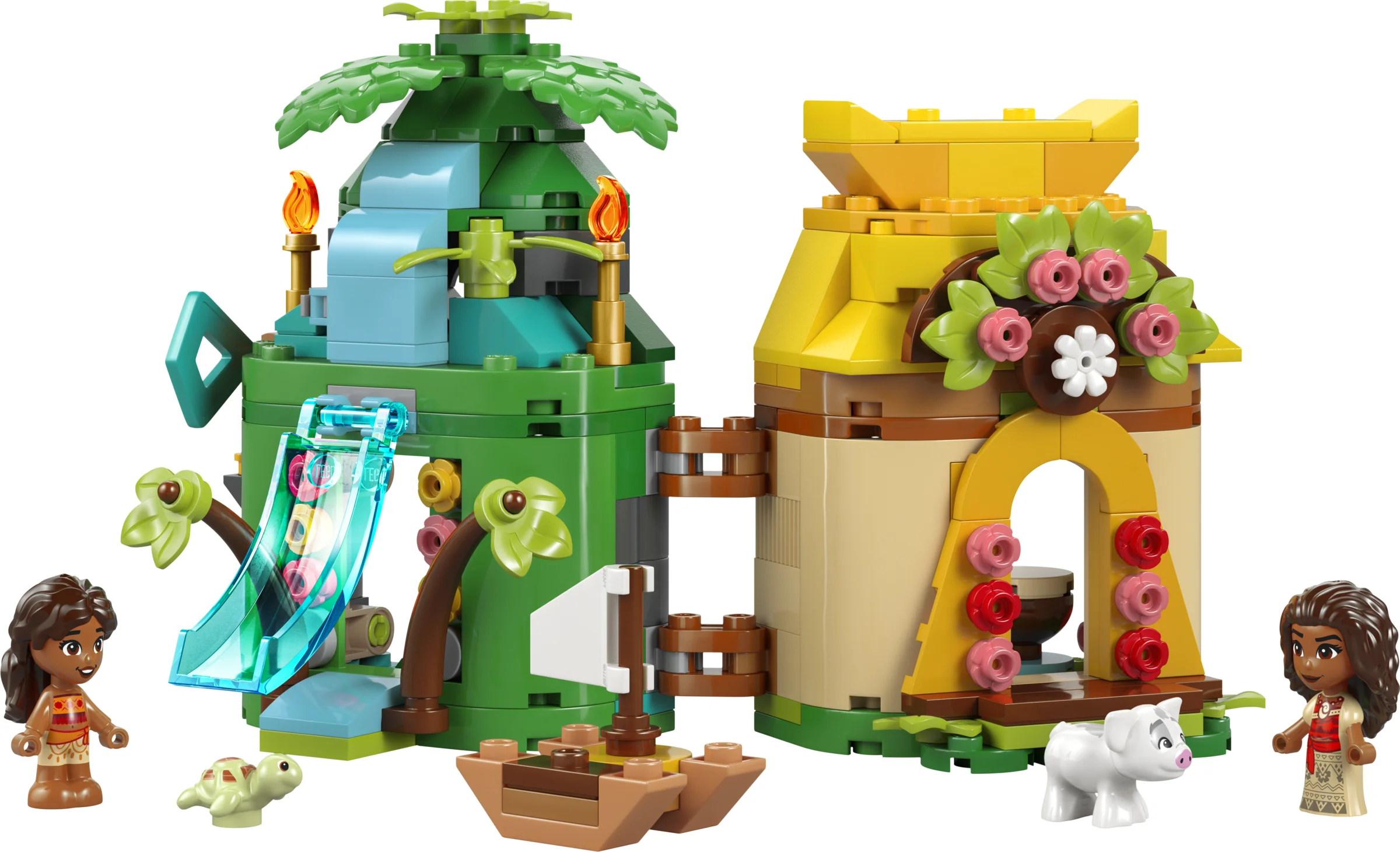 Setul LEGO 43260 Moana: Aventuri pe Insulă cu Moana, Pua și țestoasa, plin de culoare și detalii.