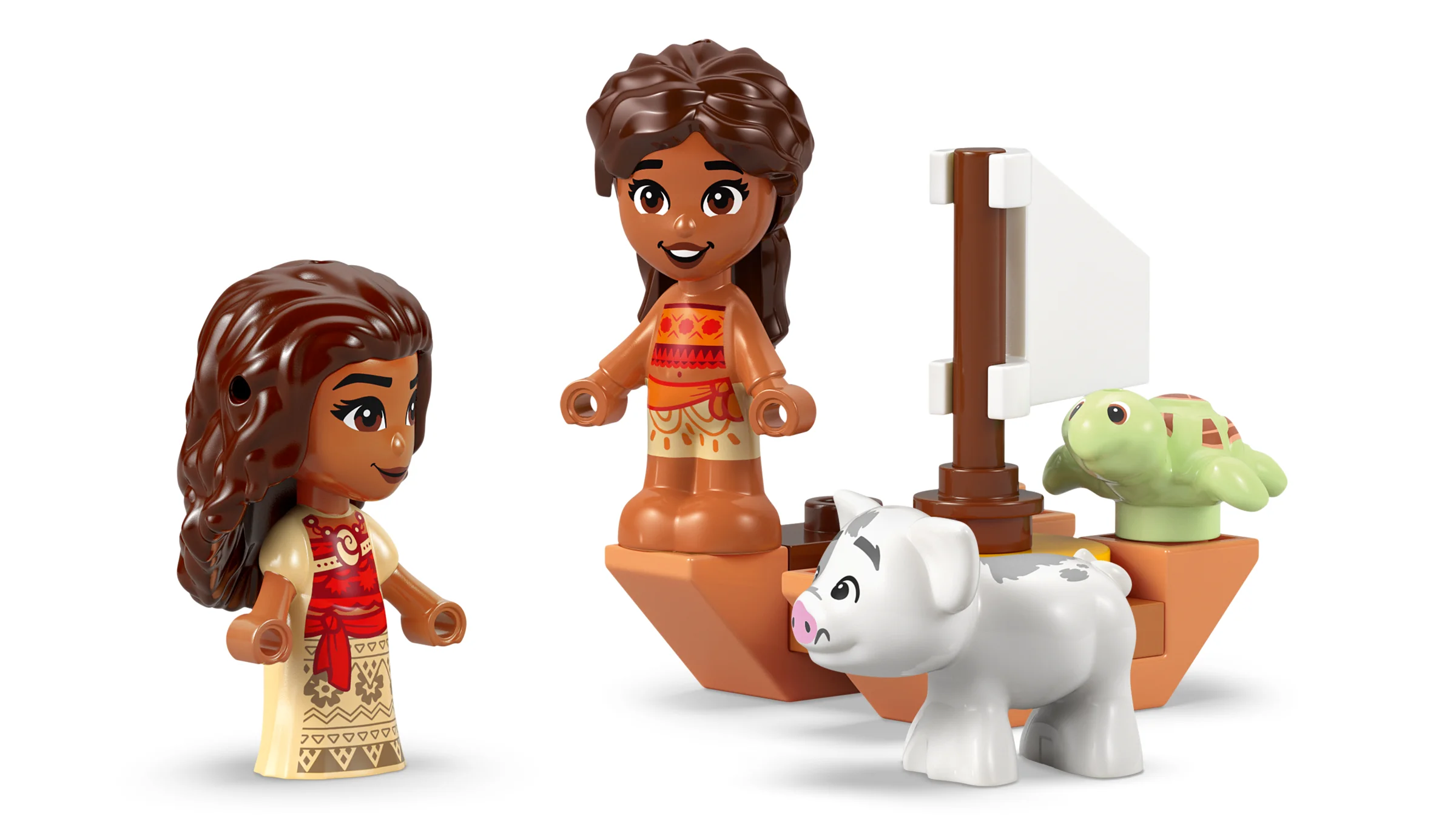Imagine cu setul LEGO 43260 Moana, prezentând minifigurinele și barca. O lume de joacă insulară!