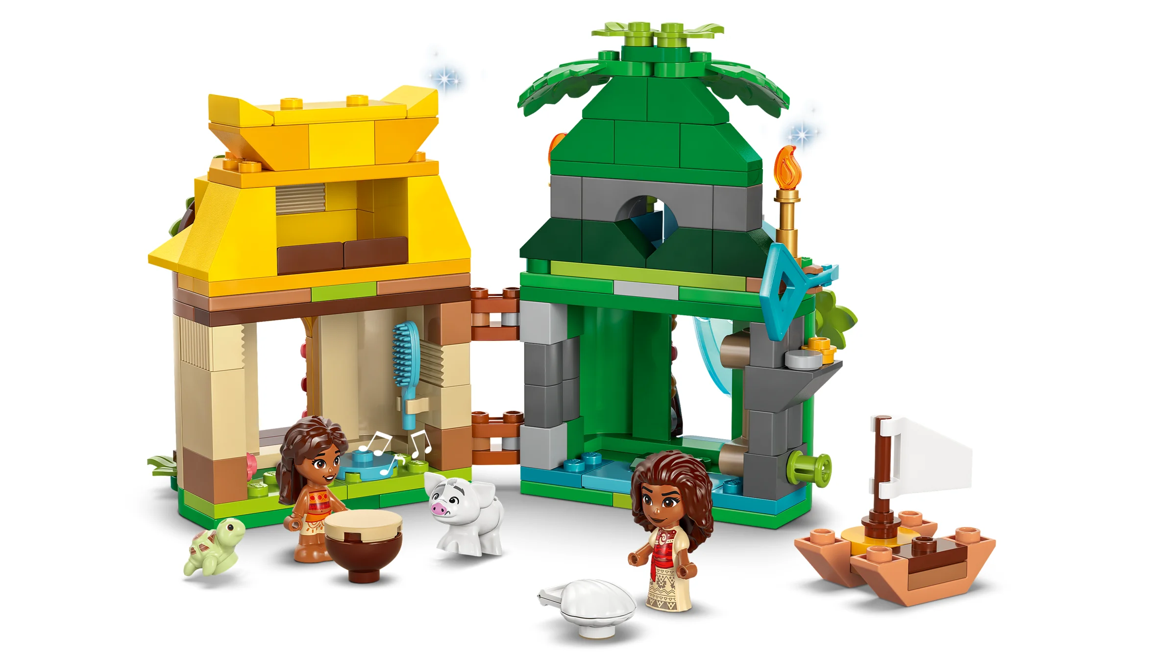 Imagine cu setul LEGO Moana's Island Fun (43260), cu Moana, Pua și o broască țestoasă.