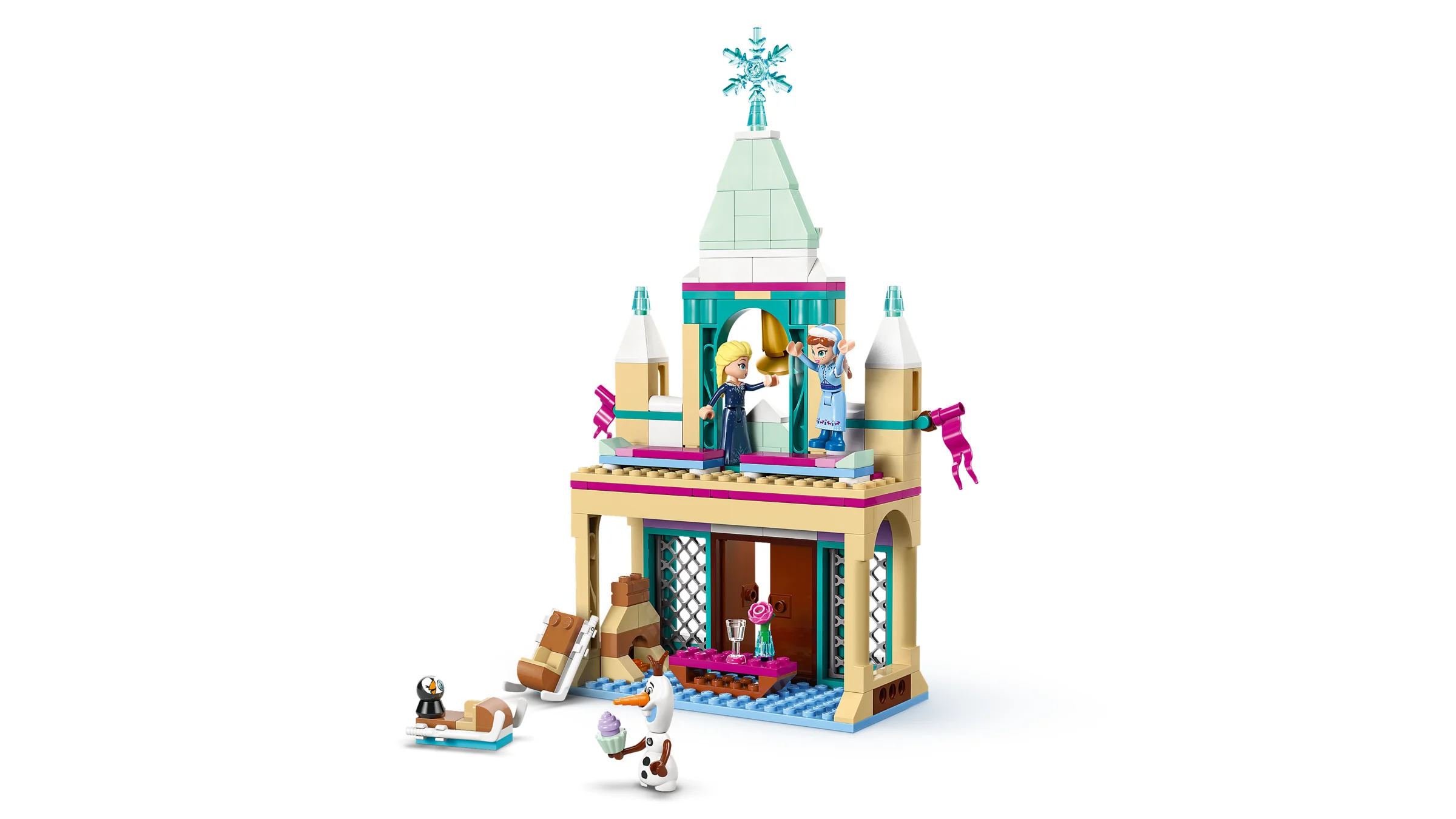 Castelul Arendelle, o construcție detaliată, cu minifigurinele Elsa, Anna și Olaf.