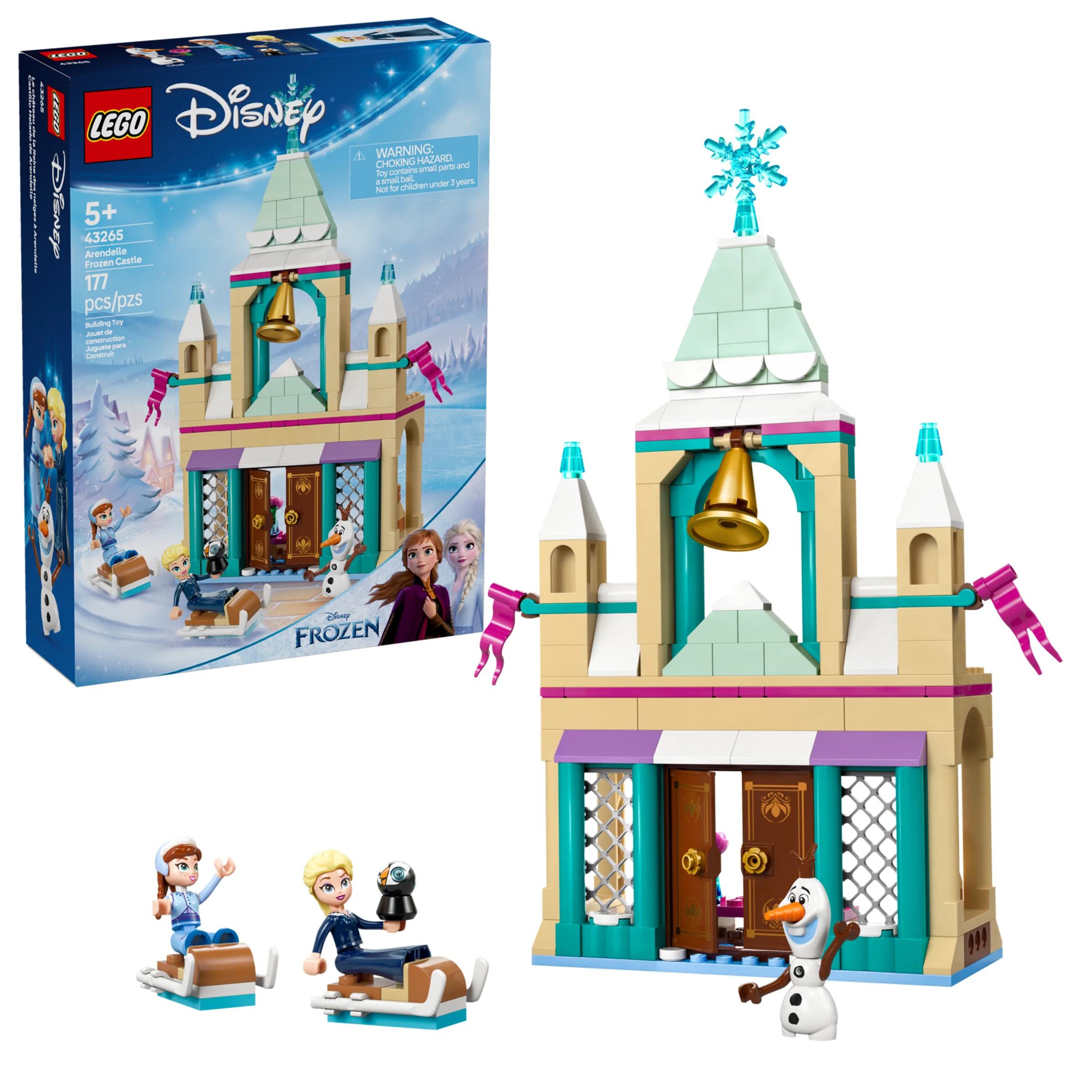 Imagine cu castelul LEGO Frozen Arendelle (43265) și cutia, perfectă pentru prezentare. Detaliile sunt clare.