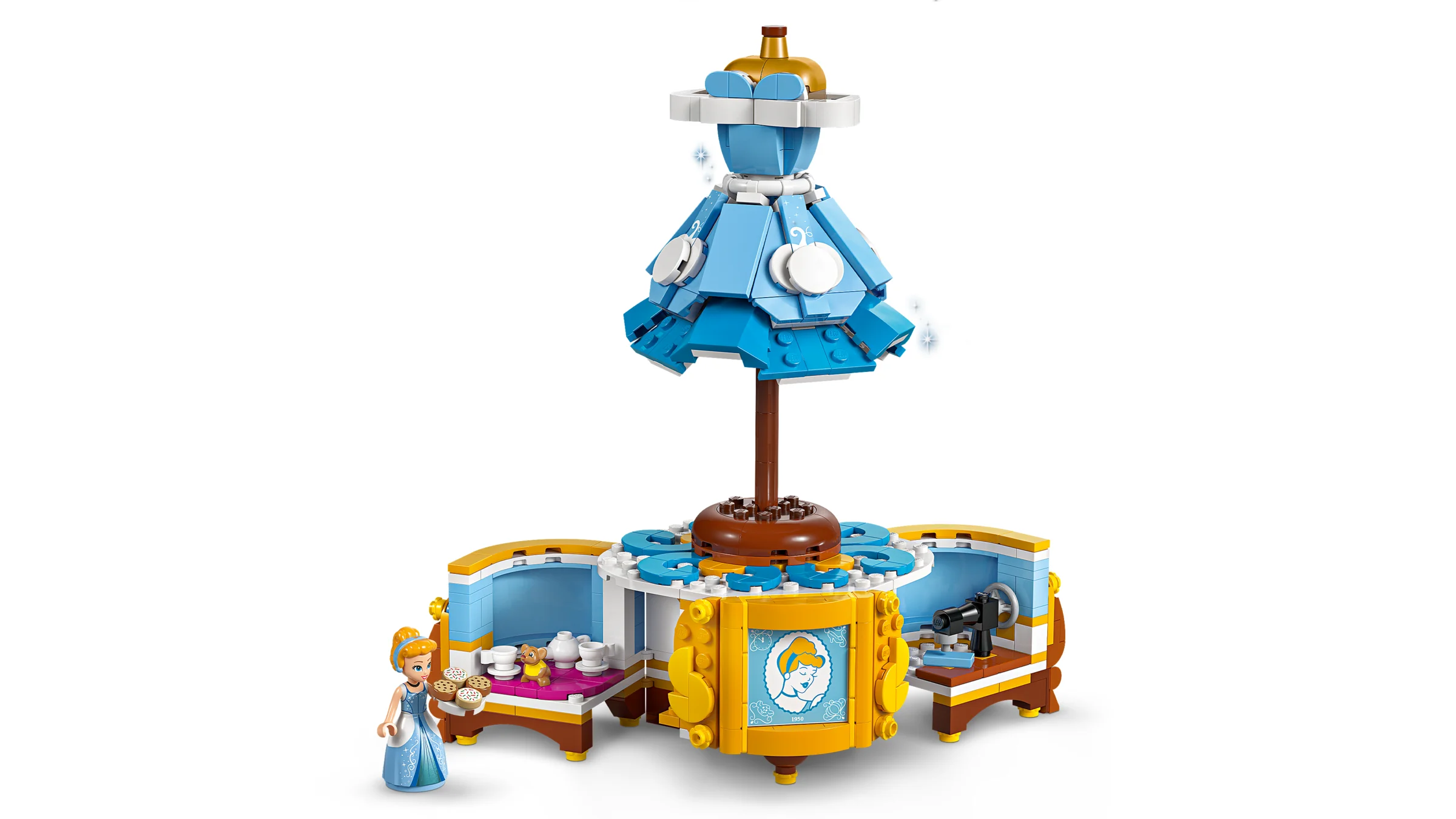 Creație LEGO detaliată: rochia Cenușăresei, mașină de cusut și mini-figurina Cenușăreasa.