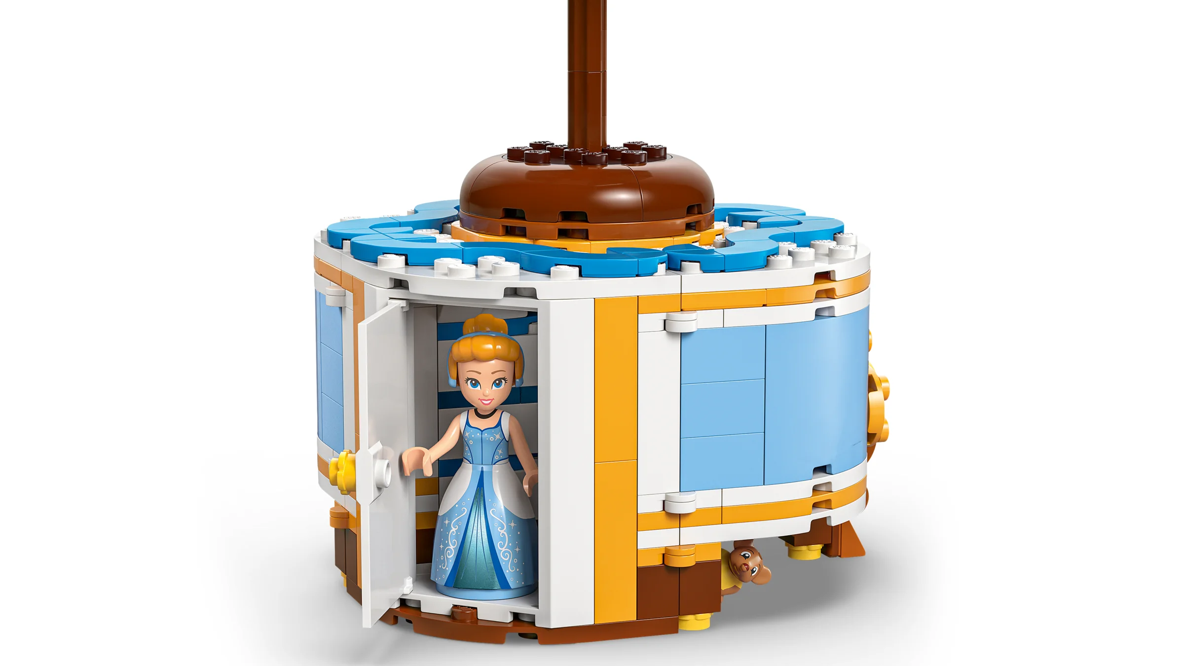 Imagine cu rochia Cenușăresei LEGO (43266) deschisă, arătând minifigurina Cenușăreasa și un șoricel.