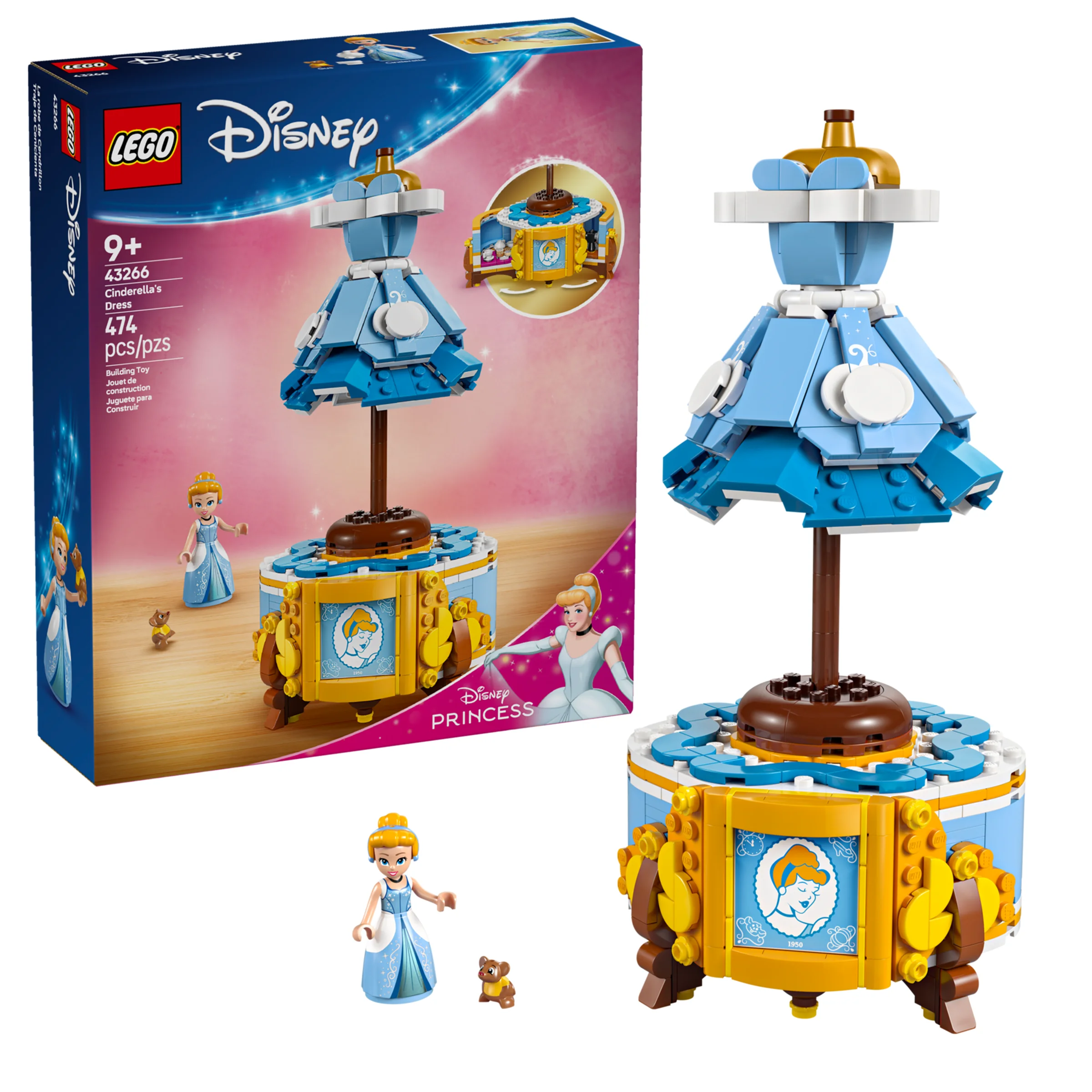 Imagine cu setul LEGO 43266 Rochia Cenușăresei, arătând modelul și cutia. Decor Disney fermecător.