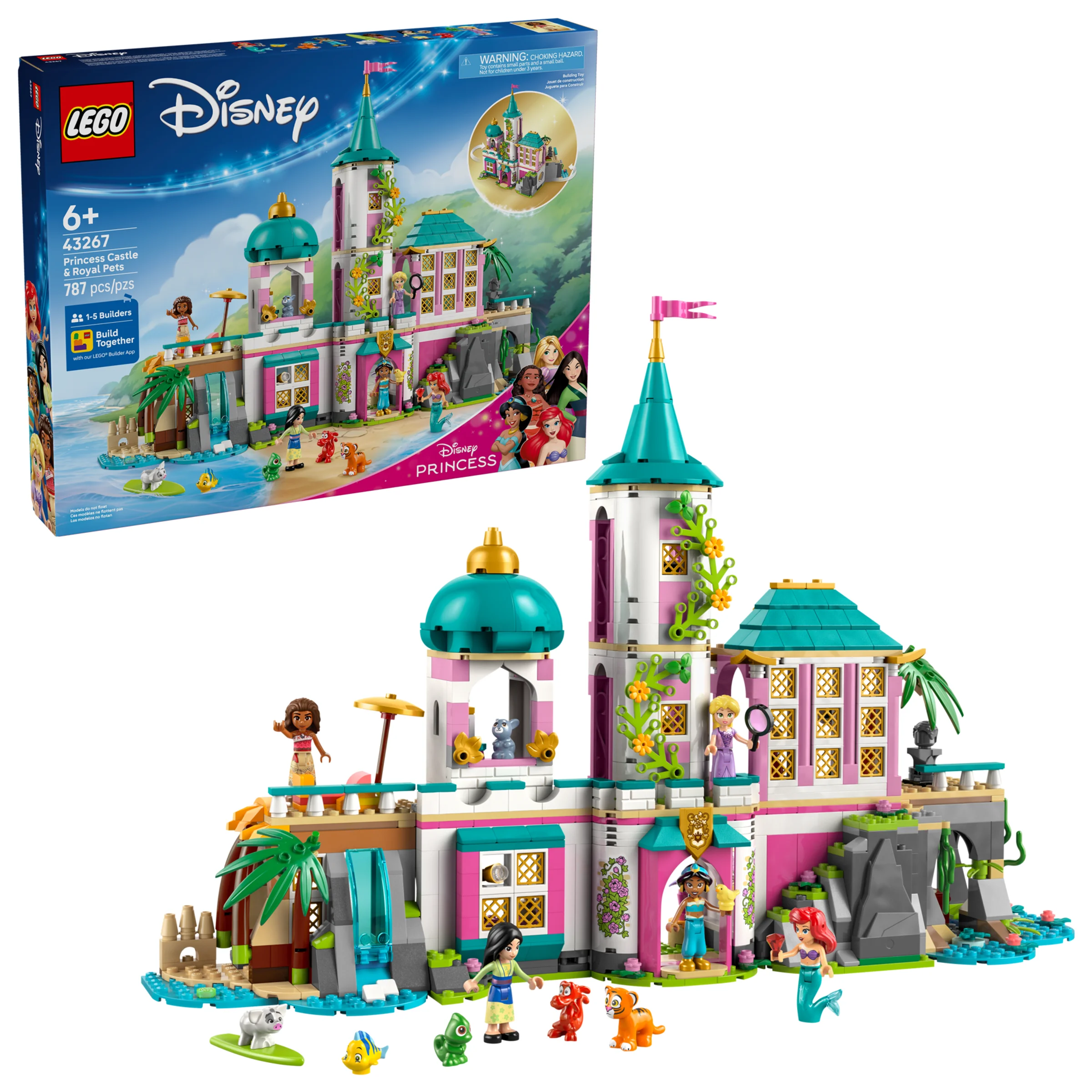 Castelul prințeselor Disney și animalele lor de companie, setul 43267, prezentat complet cu cutia.