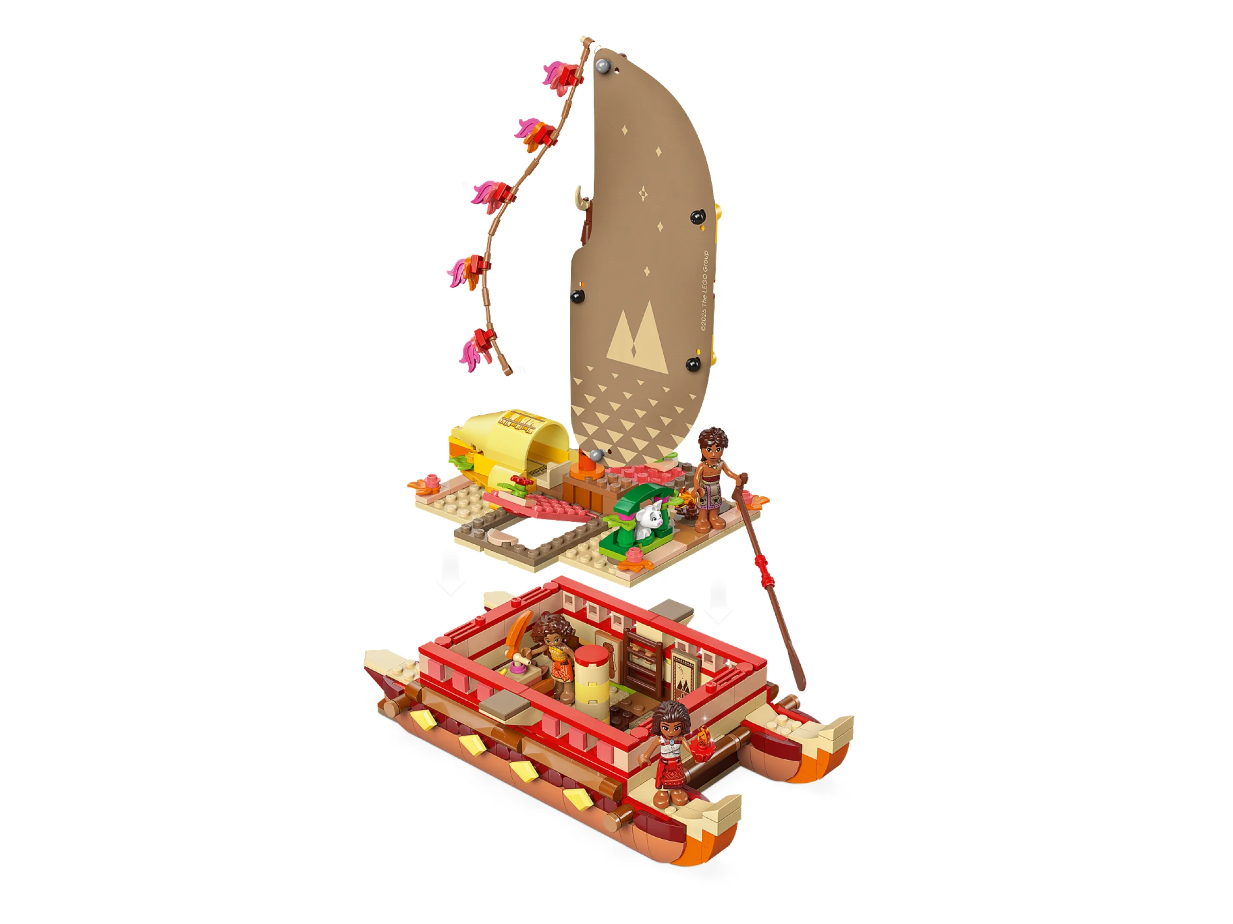 Explozie detaliată a canoei lui Moana, cu minifigurine și structura internă vizibilă.