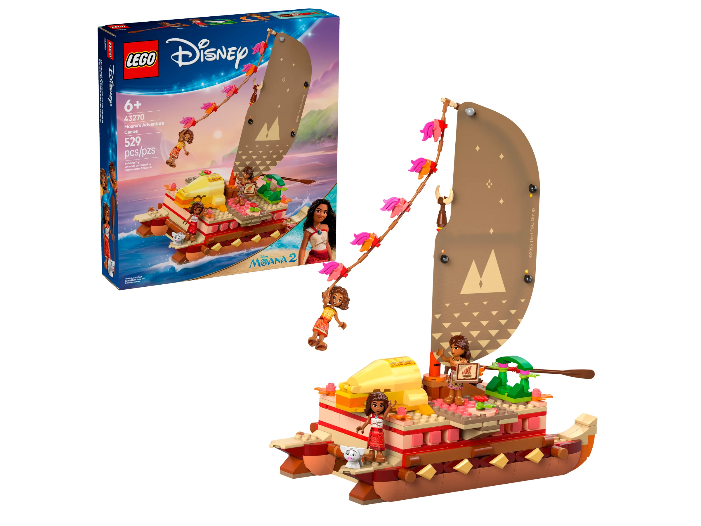 Setul LEGO 43270, „Canoa de aventură a Moanei”, cu Moana și canoea sa detaliată.