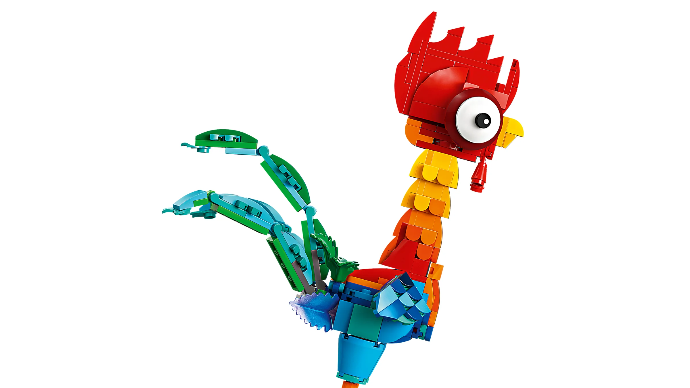 O imagine detaliată a lui Heihei construit din LEGO, cu penajul său colorat.