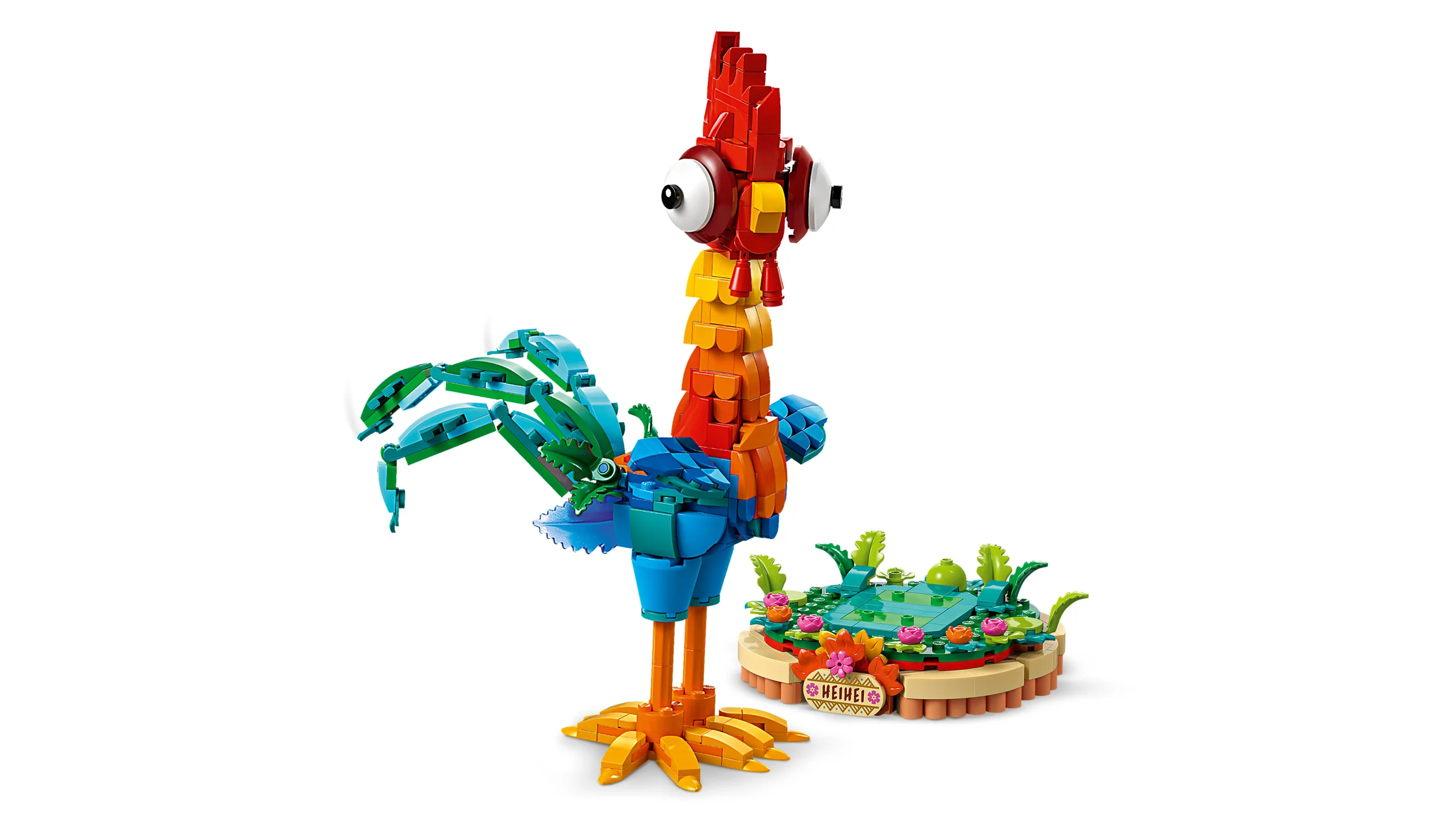 O imagine detaliată a modelului LEGO Heihei, colorat și viu. Personaj distractiv.