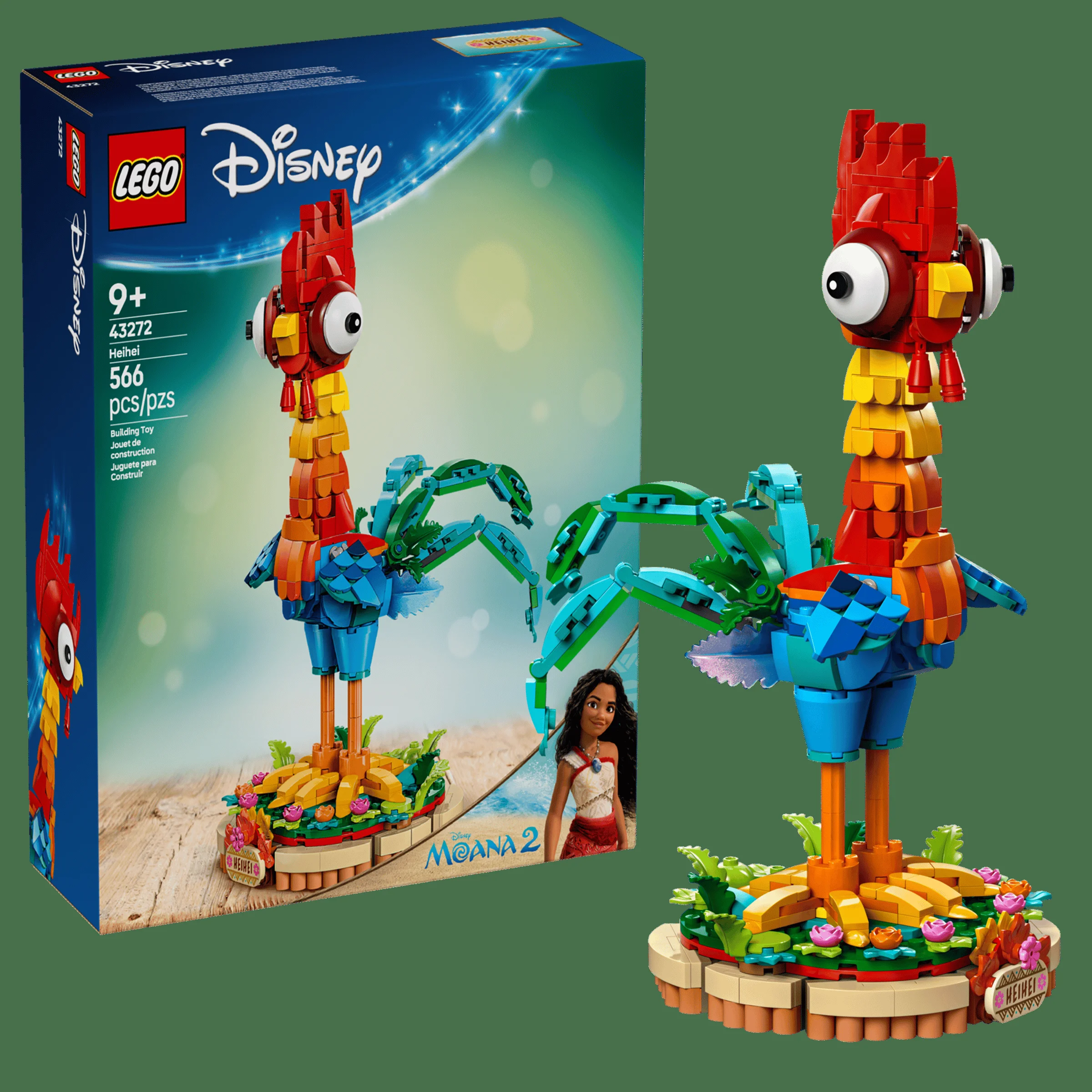 Imagine cu setul LEGO 43272 Heihei, cu cutia și modelul asamblat. Personaj din Moana.