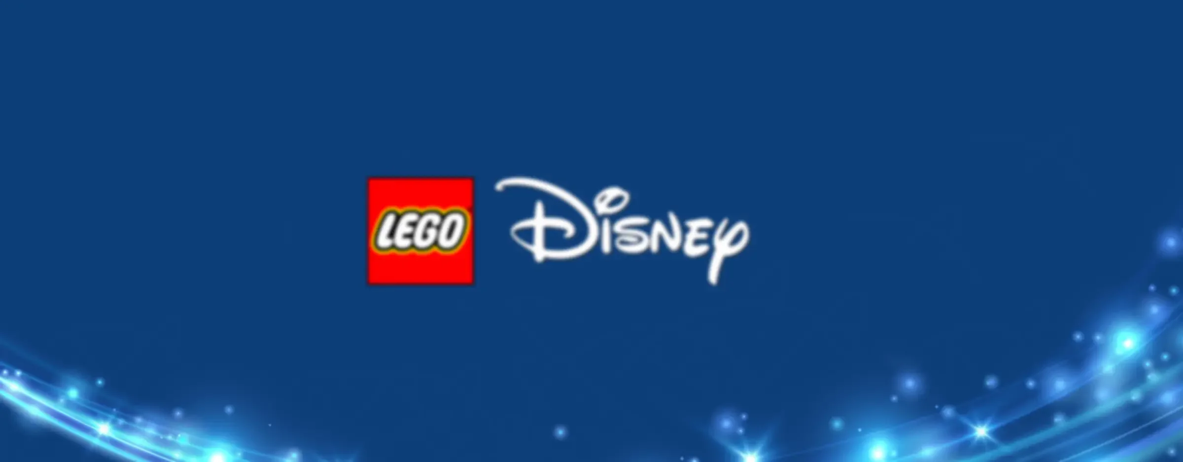 Logo LEGO Disney pe un fundal albastru, cu efecte luminoase. Branduri recunoscute.