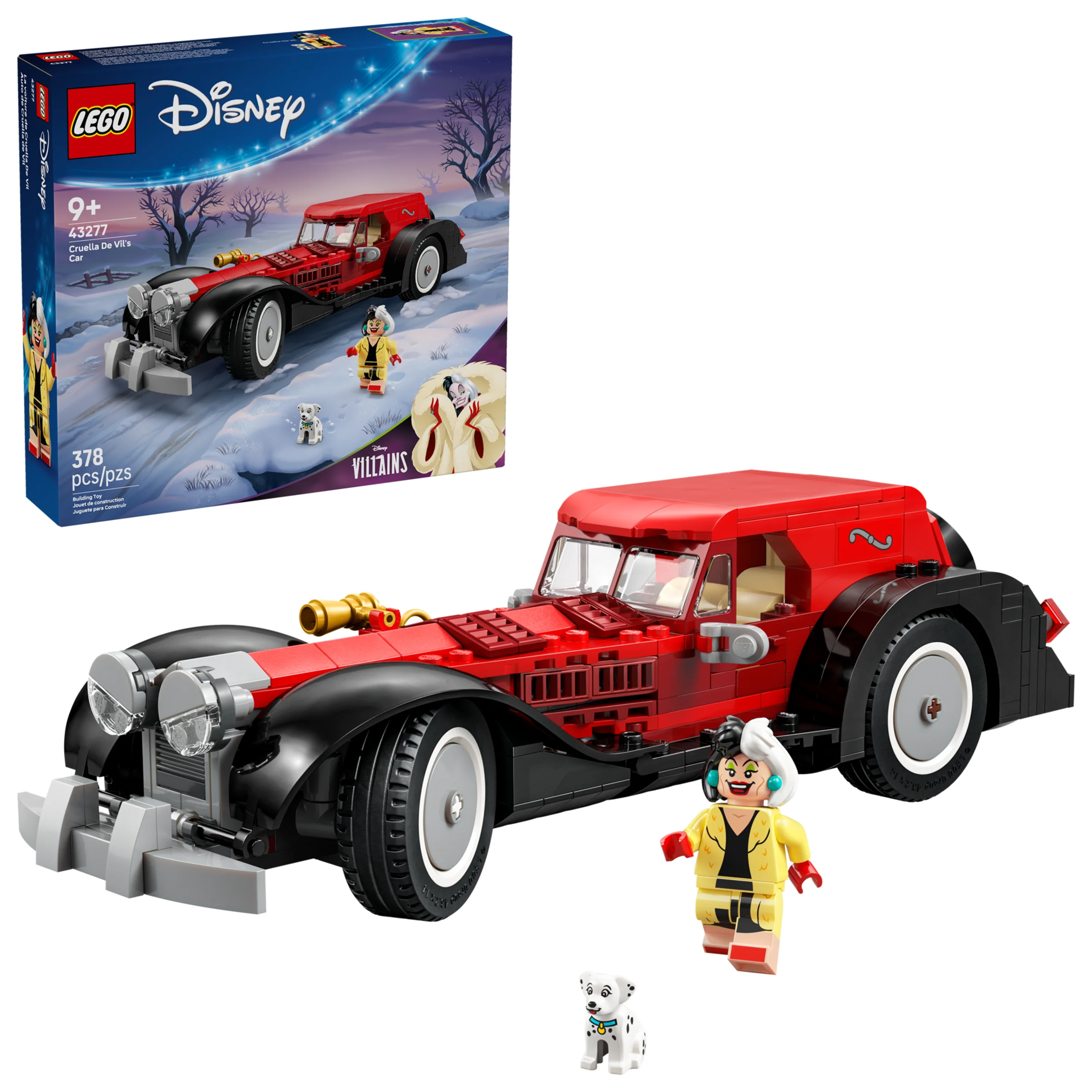 Imagine cu setul LEGO 43277, mașina Cruellei De Vil, cu minifigurine și cutia produsului.